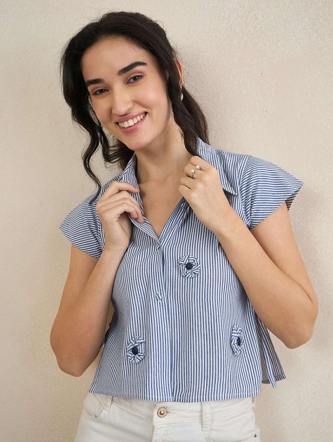 girls striped blue cotton shirt with floral applique and spread collar - 22495986 -  Standard Image - 2