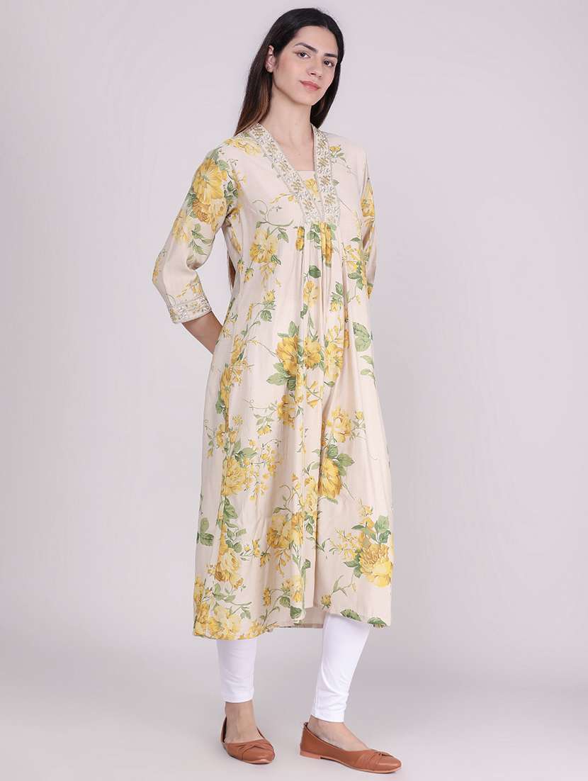 Women Printed Three Quarter Sleeve A-line Kurta - 22496293 -  Standard Image - 2