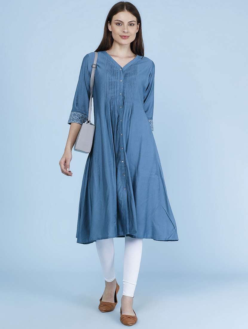 women embroidered three quarter sleeve a-line kurta