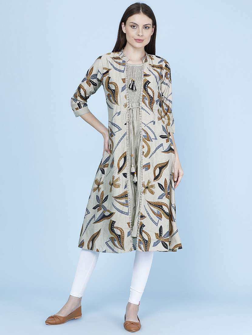 Women Printed Three Quarter Sleeve Kurta With Jacket Kurta - 22496317 -  Standard Image - 2