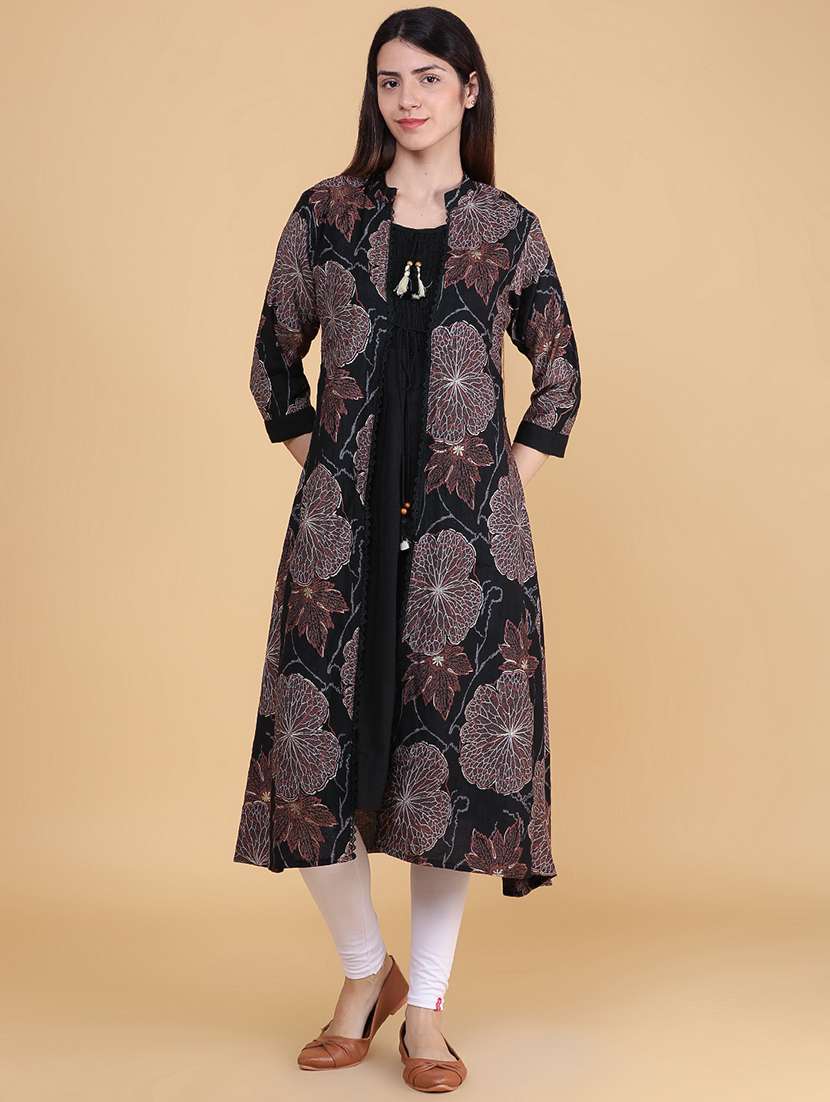 Women Printed Three Quarter Sleeve Kurta With Jacket Kurta - 22496318 -  Standard Image - 2