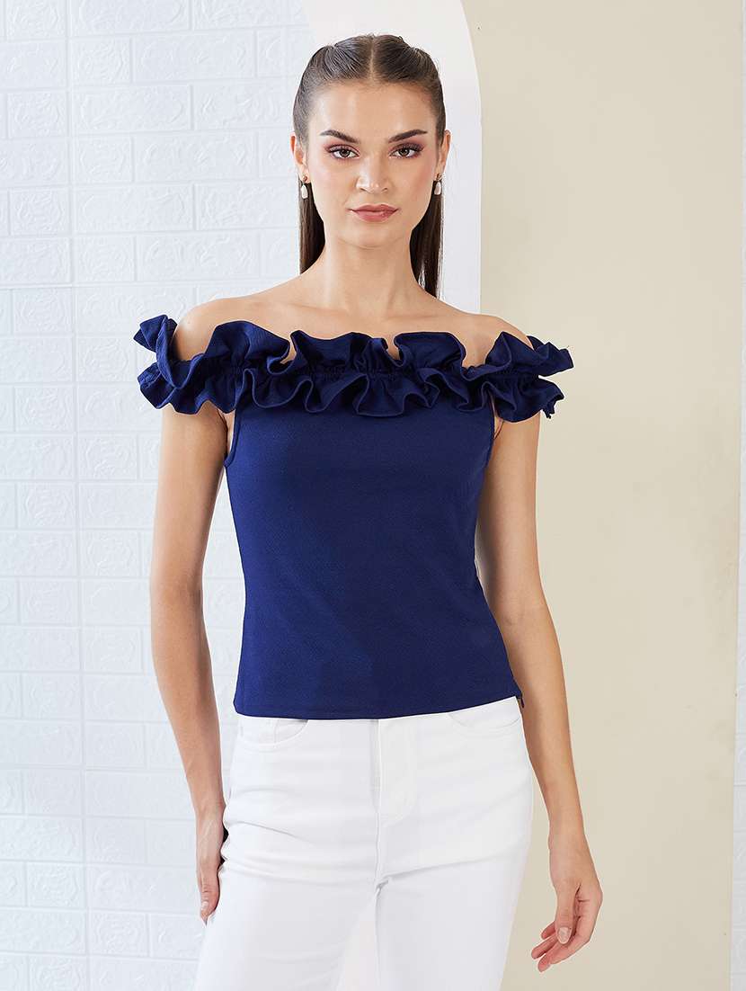 women solid off shoulder ruffle top - 22497472 -  Standard Image - 2