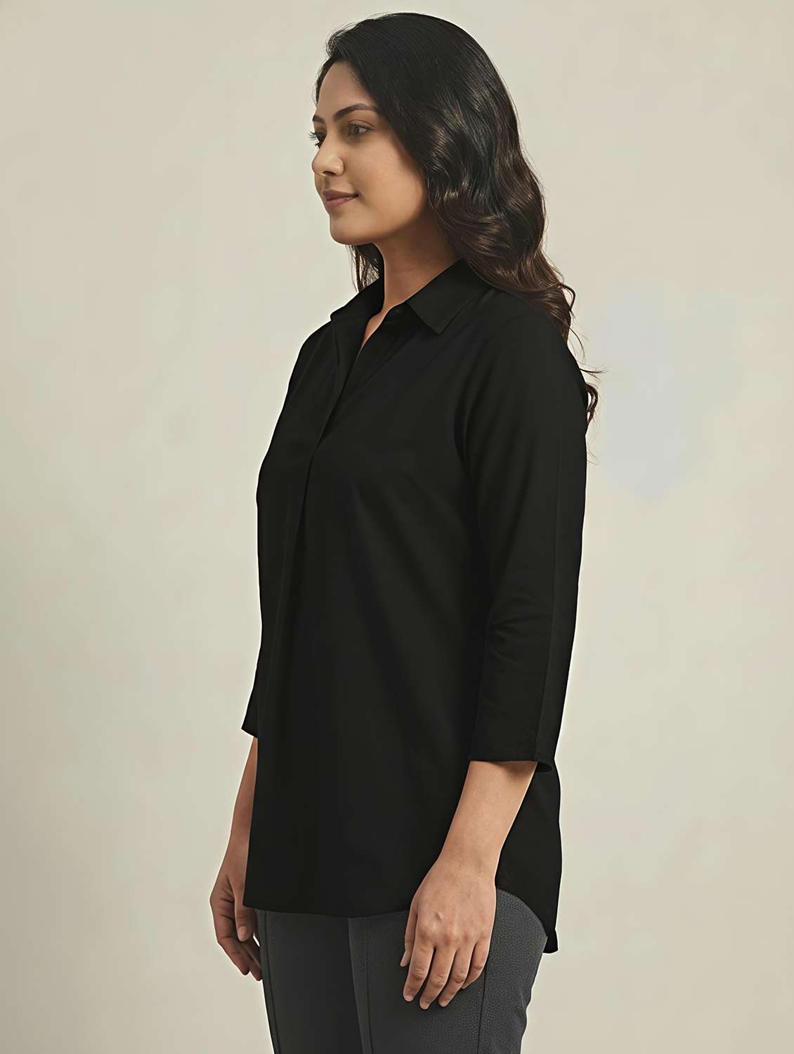 women solid three quarter sleeves shirt tunic - 22497489 -  Standard Image - 2