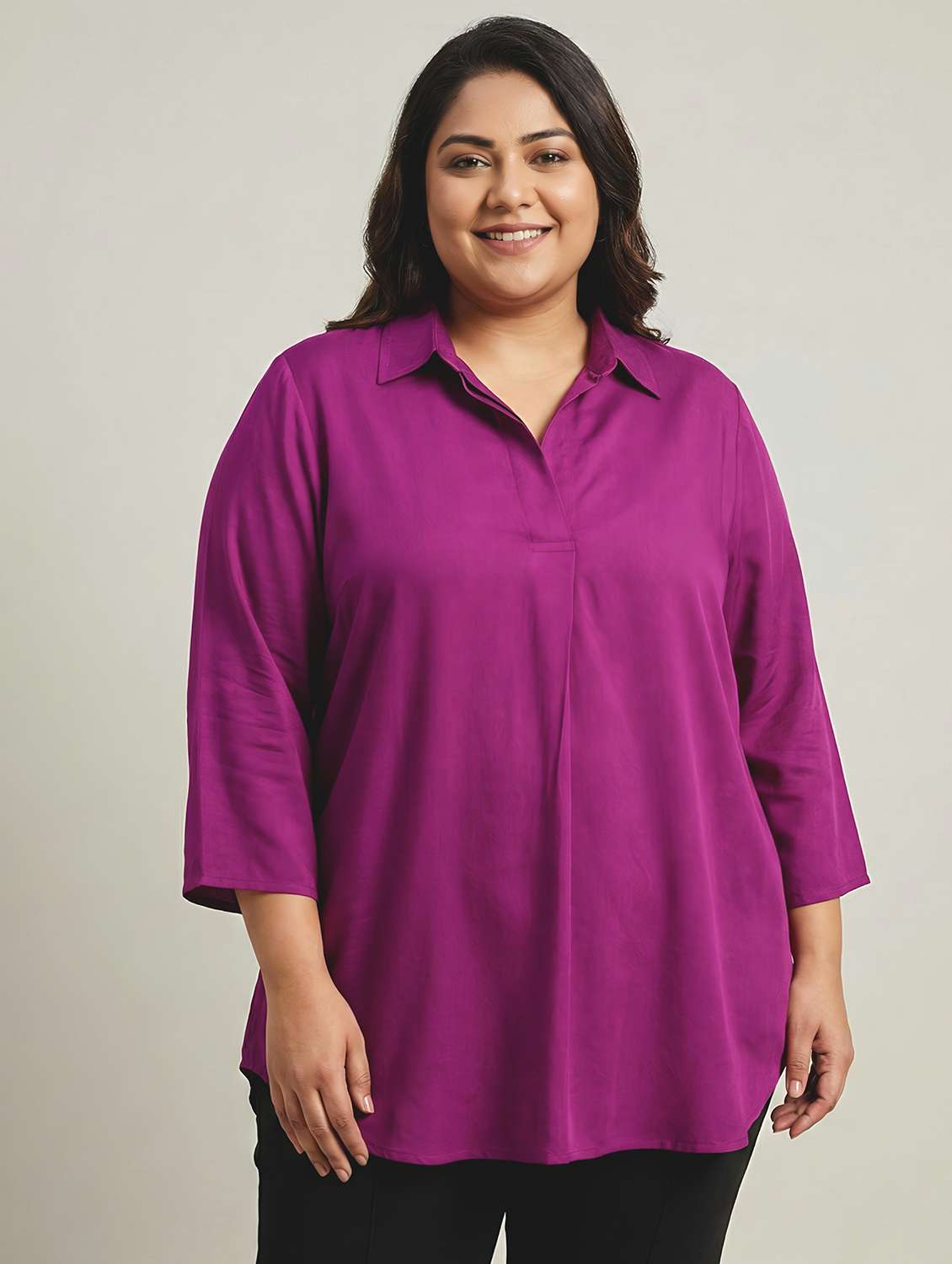 women solid three quarter sleeves shirt tunic - 22497490 -  Standard Image - 2