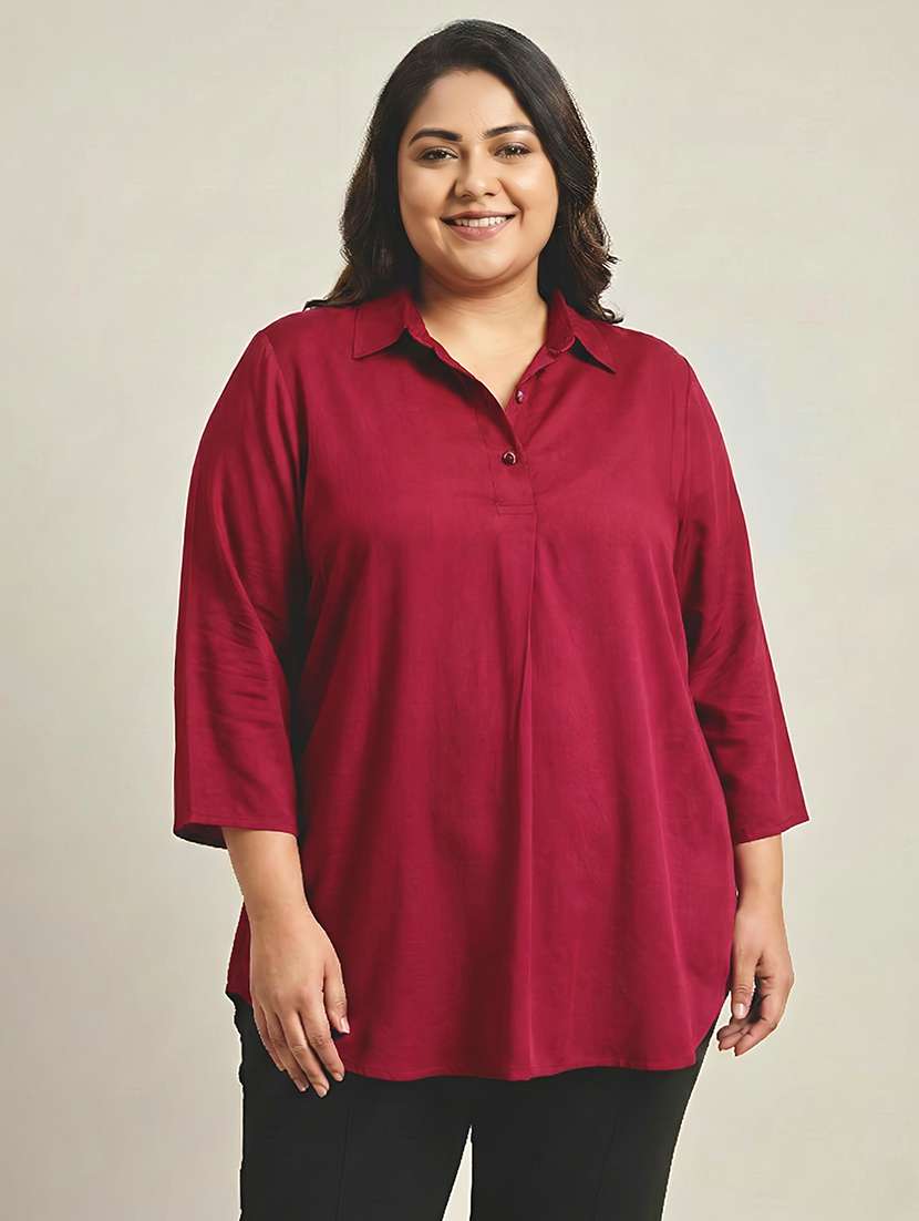 women solid three quarter sleeves shirt tunic - 22497494 -  Standard Image - 2