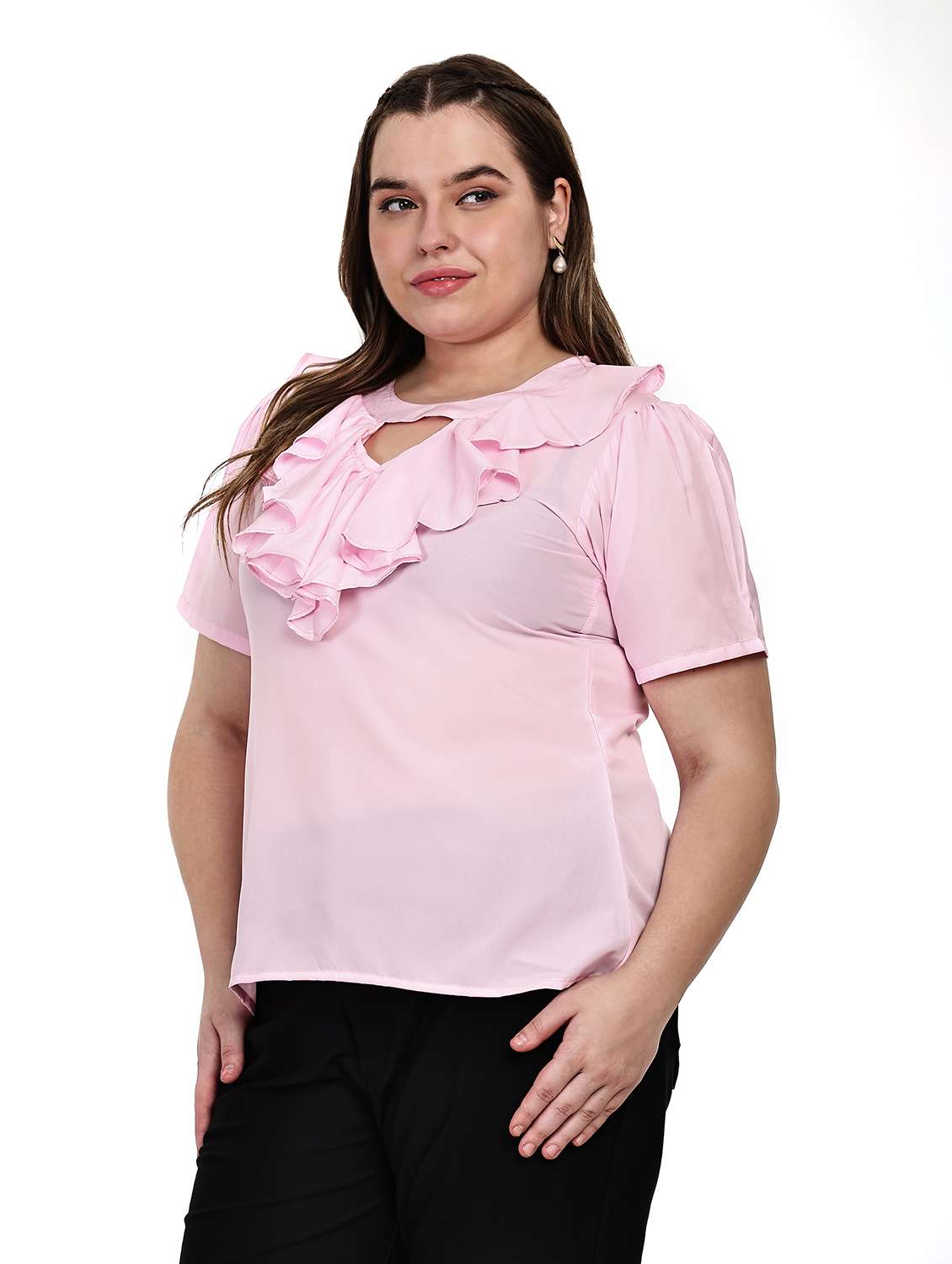women solid key hole neck regular fit ruffle top  - 22497508 -  Standard Image - 2