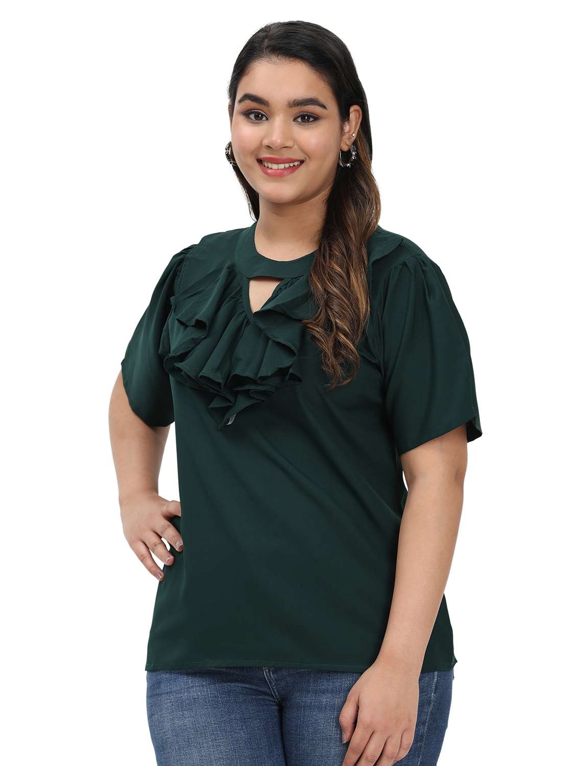 women solid key hole neck regular fit ruffle top  - 22497511 -  Standard Image - 2
