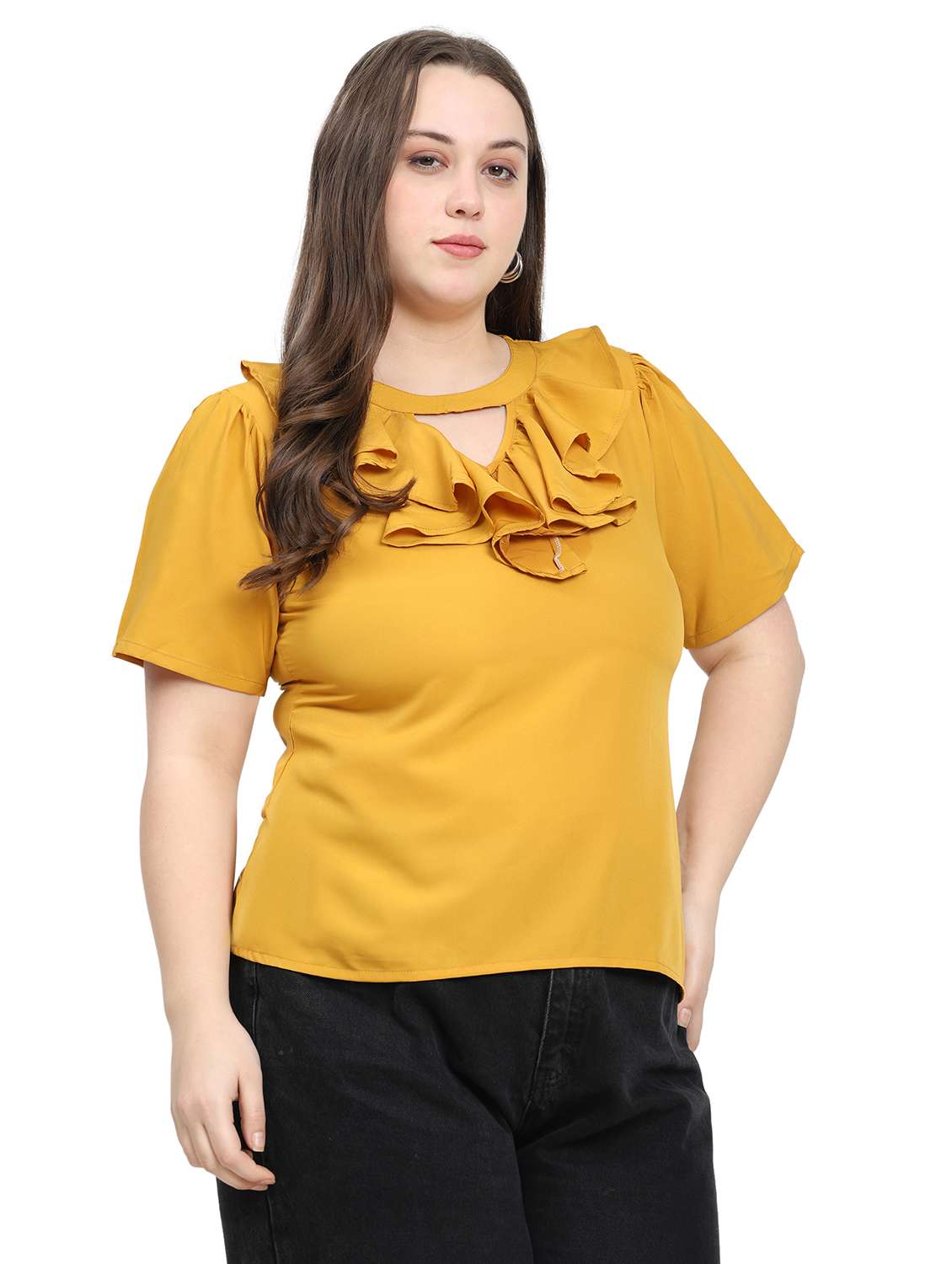 women solid round neck regular fit ruffle top  - 22497512 -  Standard Image - 2
