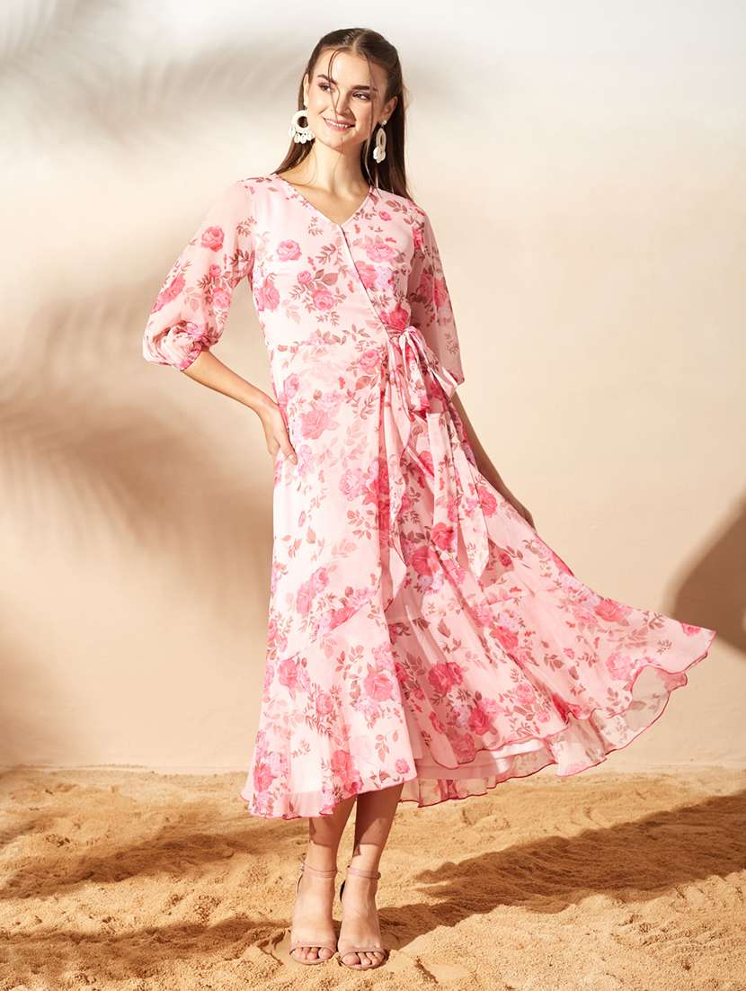 women printed three quarter sleeve wrap dress - 22497515 -  Standard Image - 2