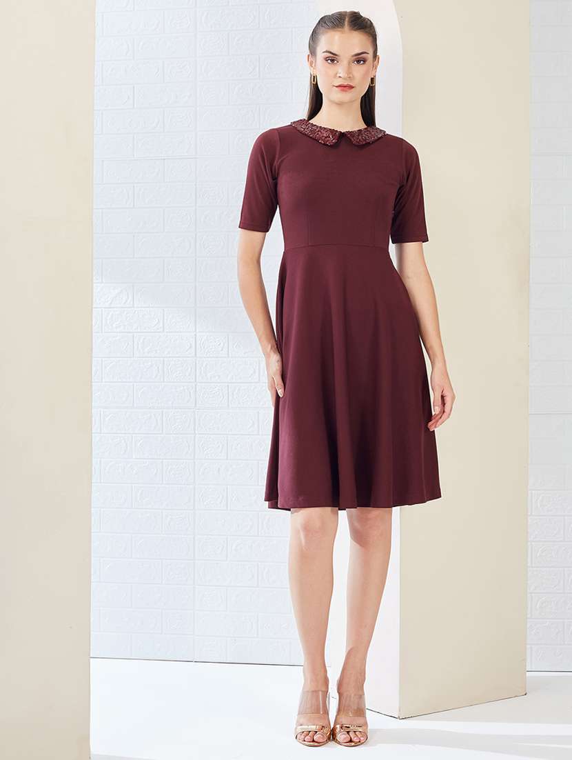 women solid short sleeve fit & flare dress - 22497519 -  Standard Image - 2