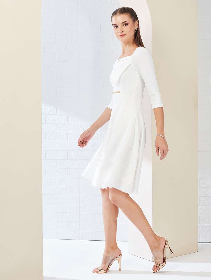 Women Solid Three Quarter Sleeve Fit & Flare Dress - 22497535 -  Standard Image - 2