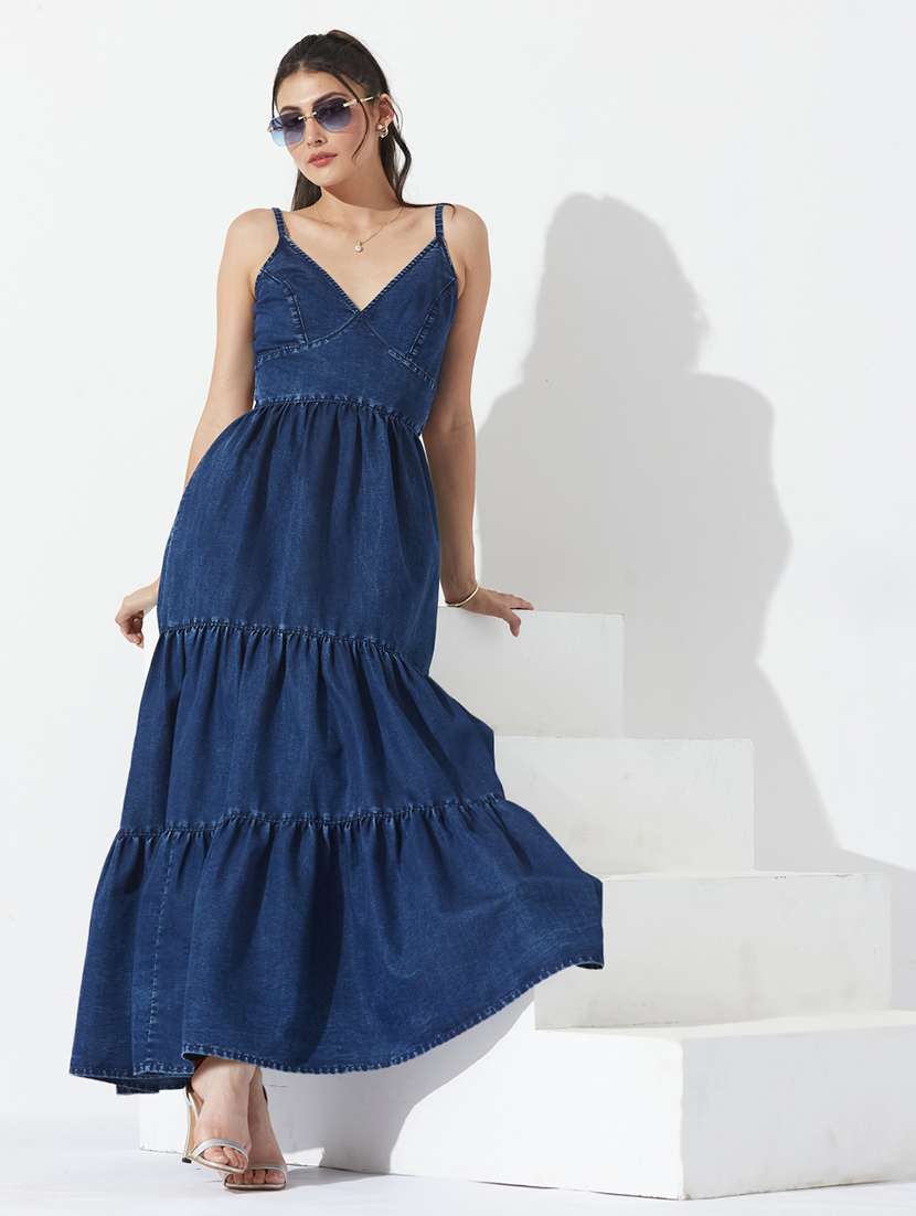 women solid sleeveless denim tiered dress dress