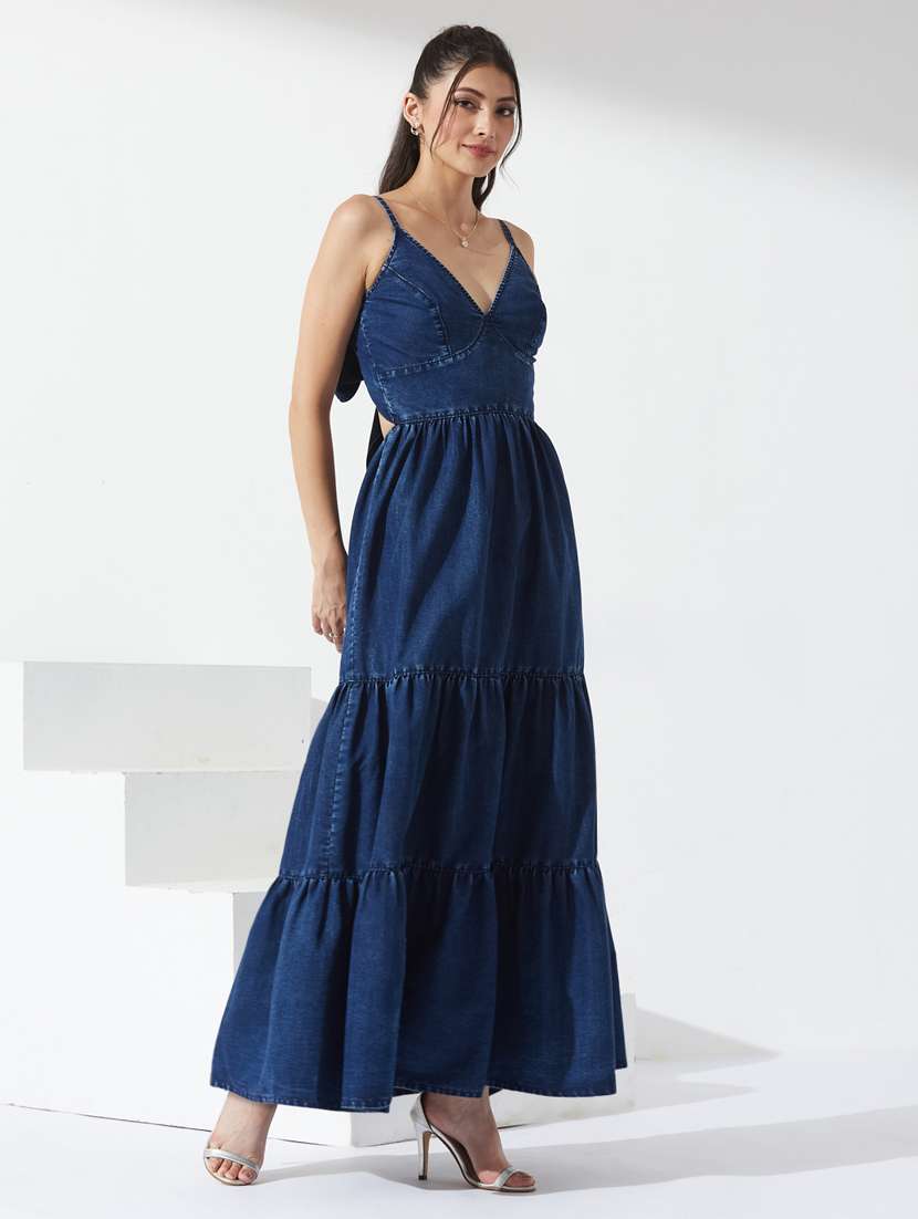 women solid sleeveless denim tiered dress dress - 22497540 -  Standard Image - 2