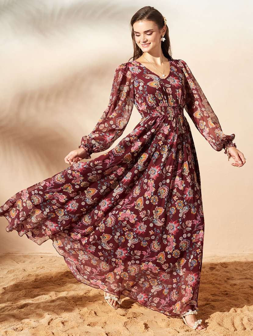 women printed bishop sleeve maxi dress