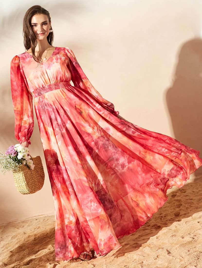 women printed puff sleeve maxi dress