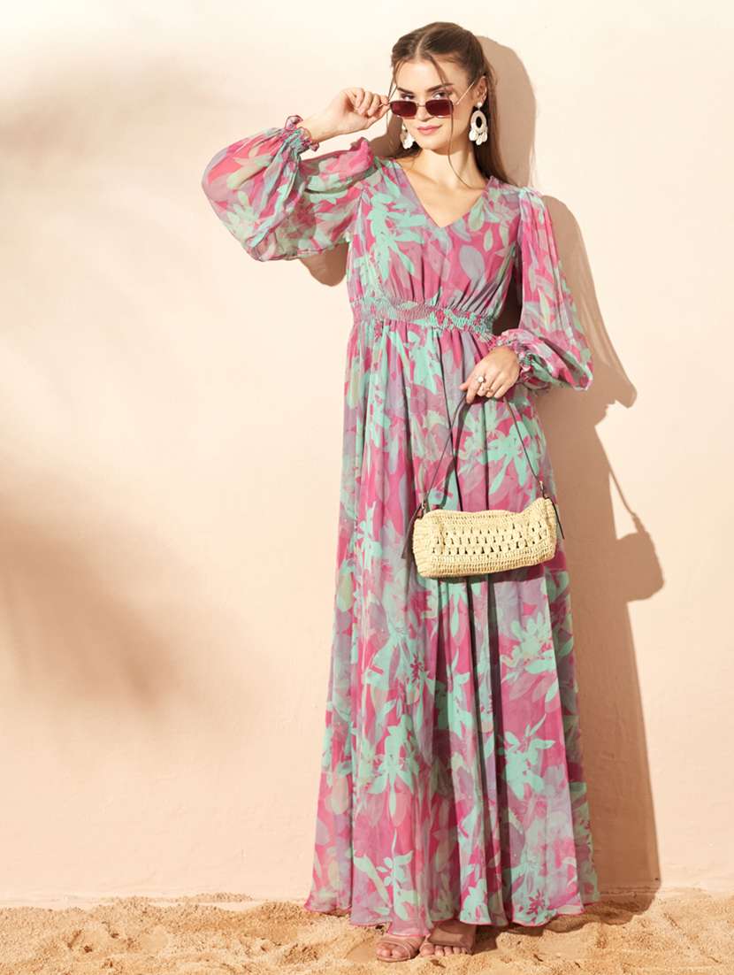 women printed puff sleeve maxi dress