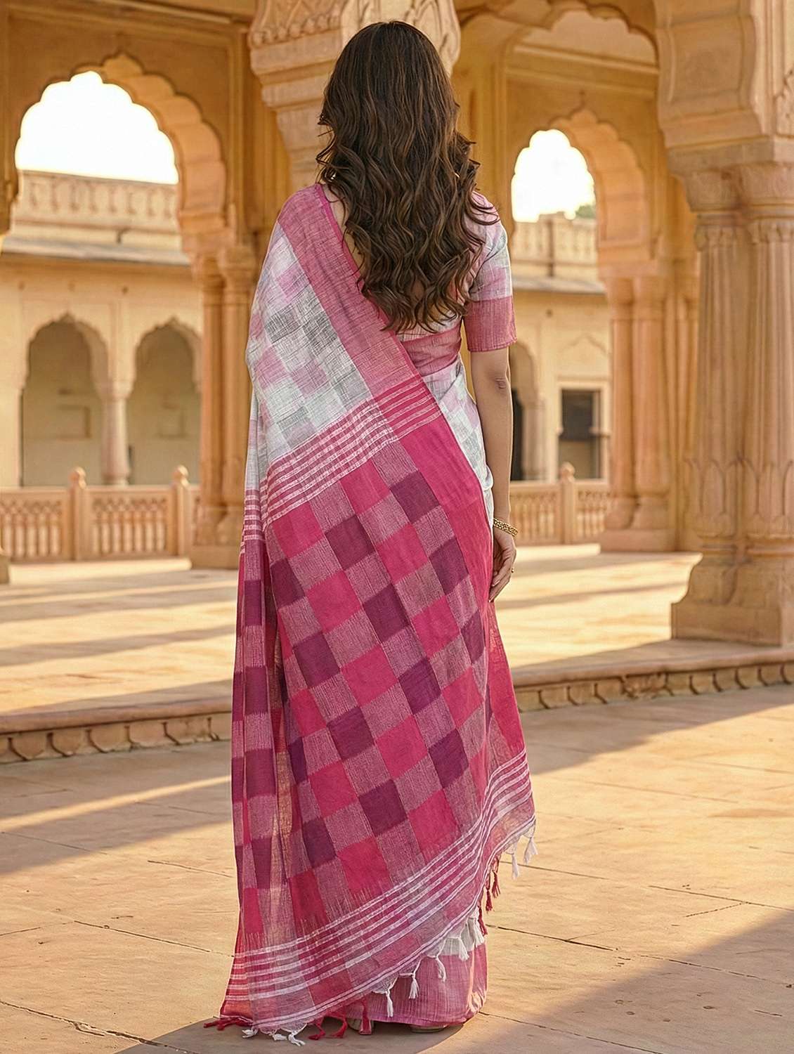 women checkered handloom saree with blouse - 22497596 -  Standard Image - 2