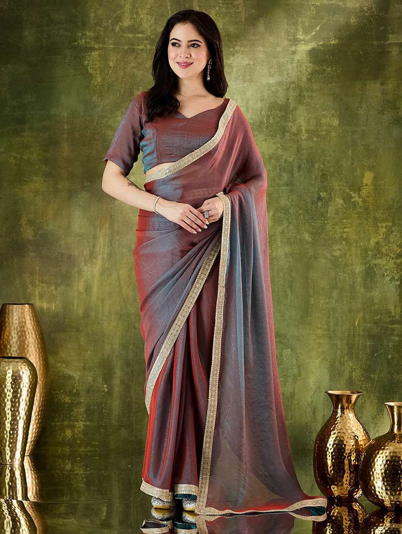 women solid with bordered ready to wear saree with blouse