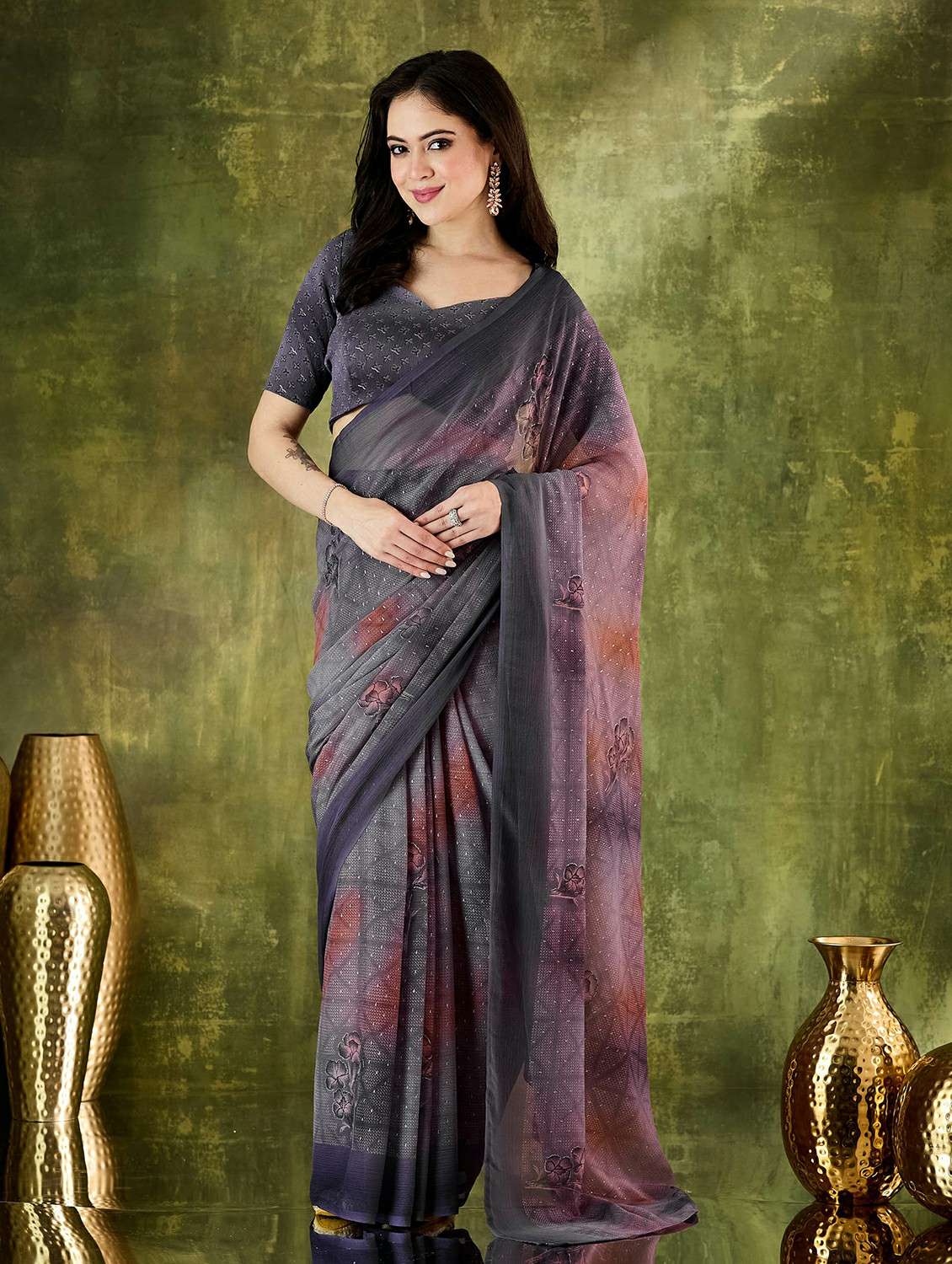 women printed ready to wear saree with blouse