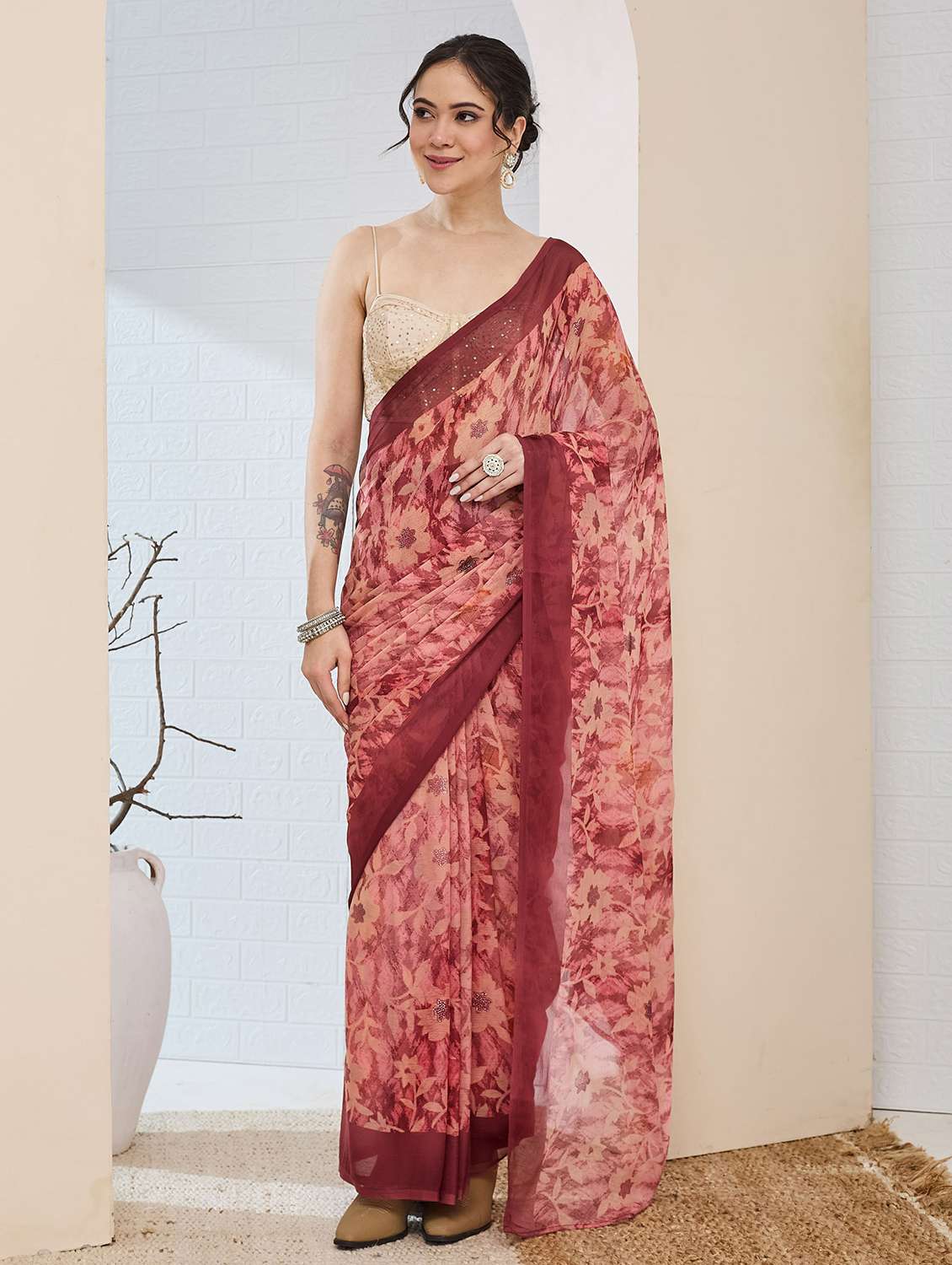 women printed ready to wear saree with blouse
