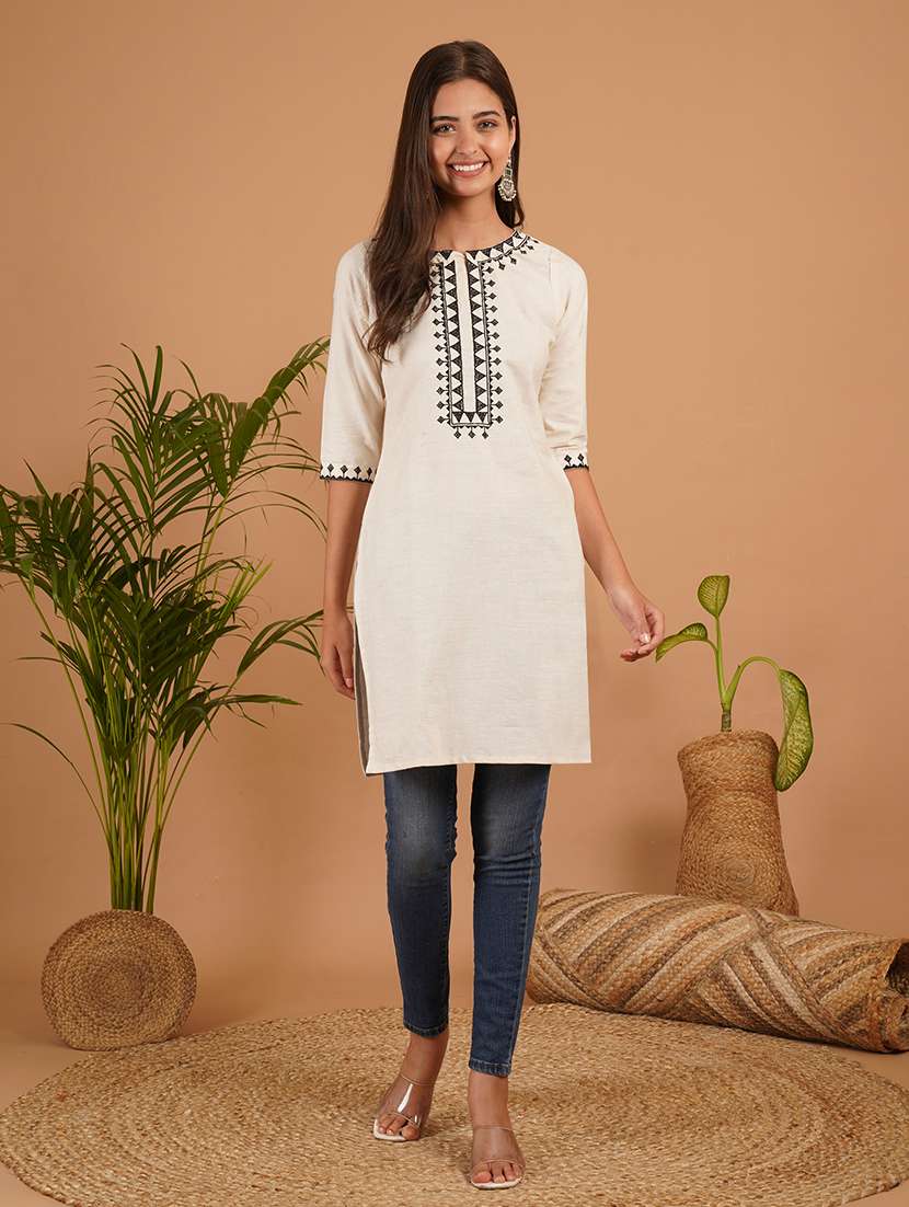 women embroidered three quarter sleeve straight kurti - 22497983 -  Standard Image - 2