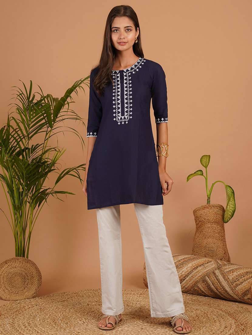 women embroidered three quarter sleeve straight kurti - 22497985 -  Standard Image - 2