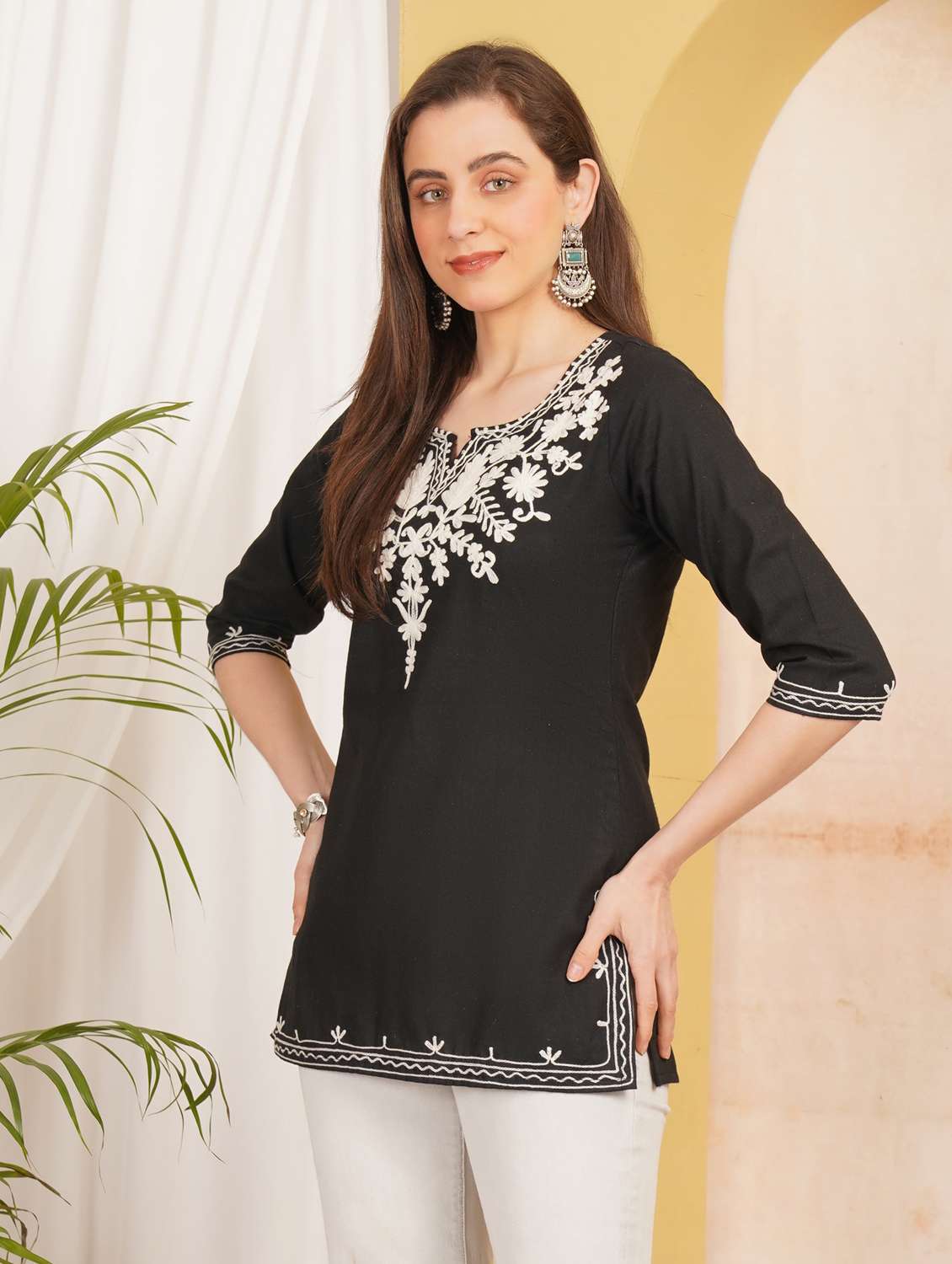 women embroidered three quarter sleeve straight kurti - 22497991 -  Standard Image - 2