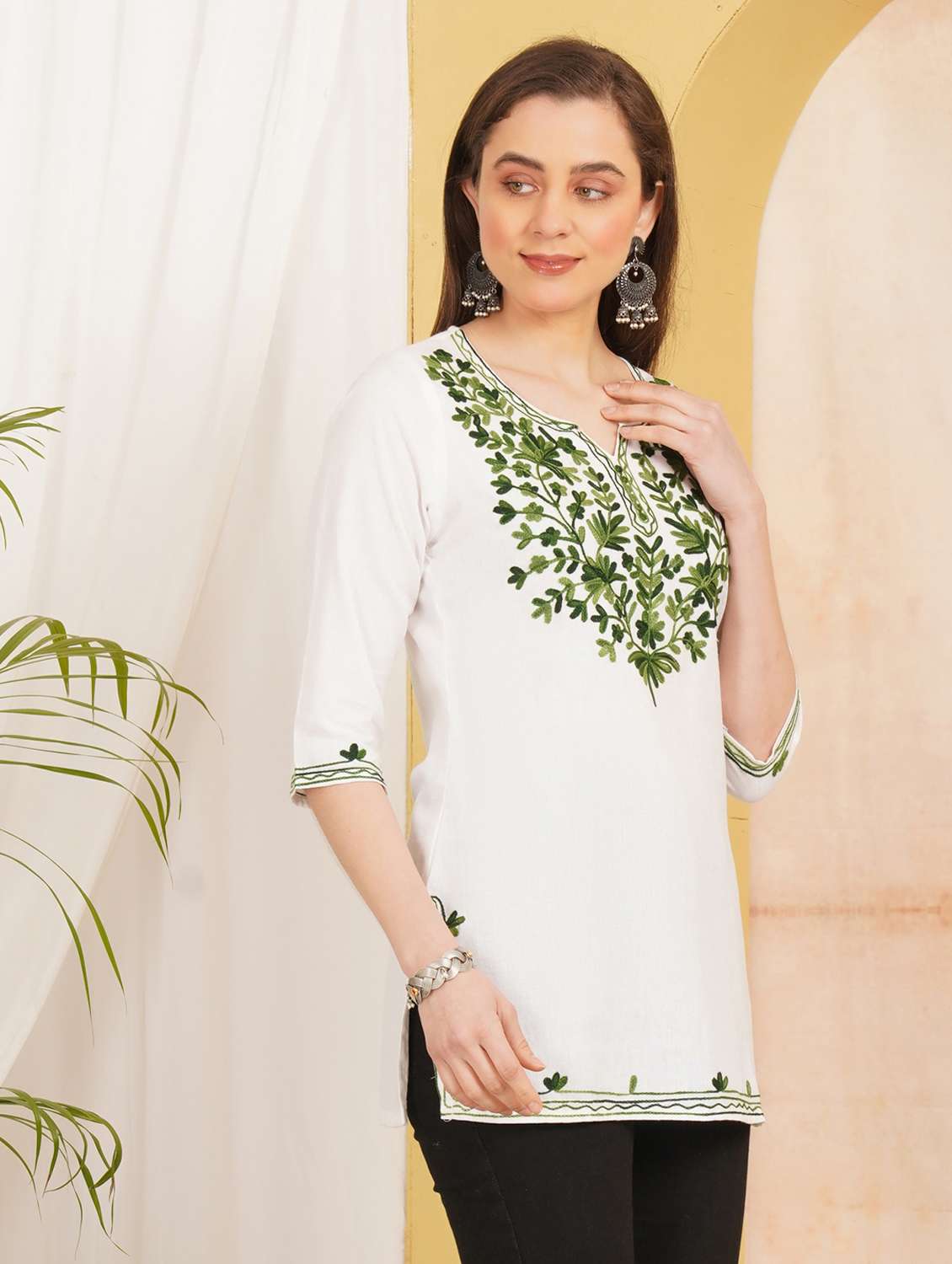 women embroidered three quarter sleeve straight kurti - 22498000 -  Standard Image - 2