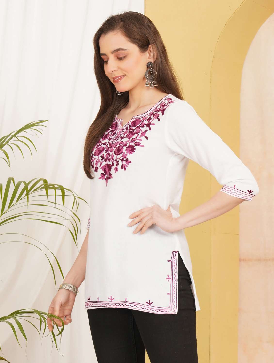 women solid with work notch neck straight kurti - 22498018 -  Standard Image - 2