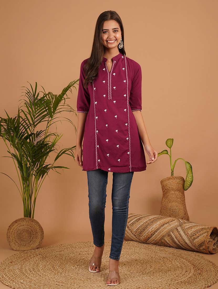 women embroidered three quarter sleeve straight kurti - 22498024 -  Standard Image - 2