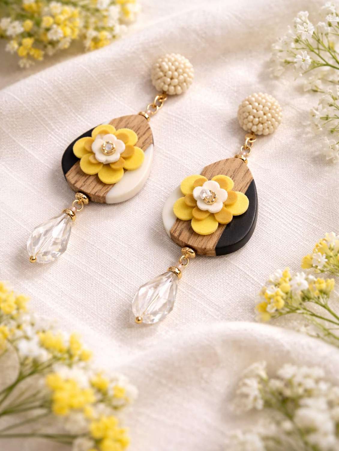 wooden & acrylic beaded drop earrings with crystal teardrop