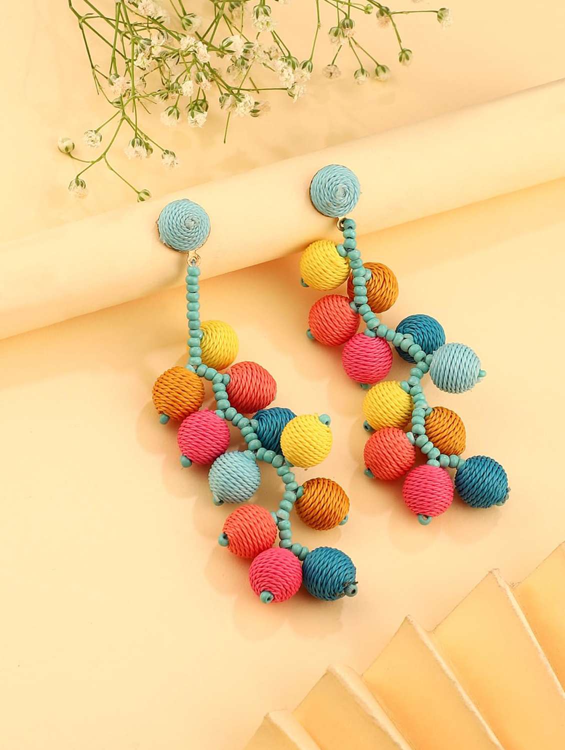 multicolor thread & beaded drop earring