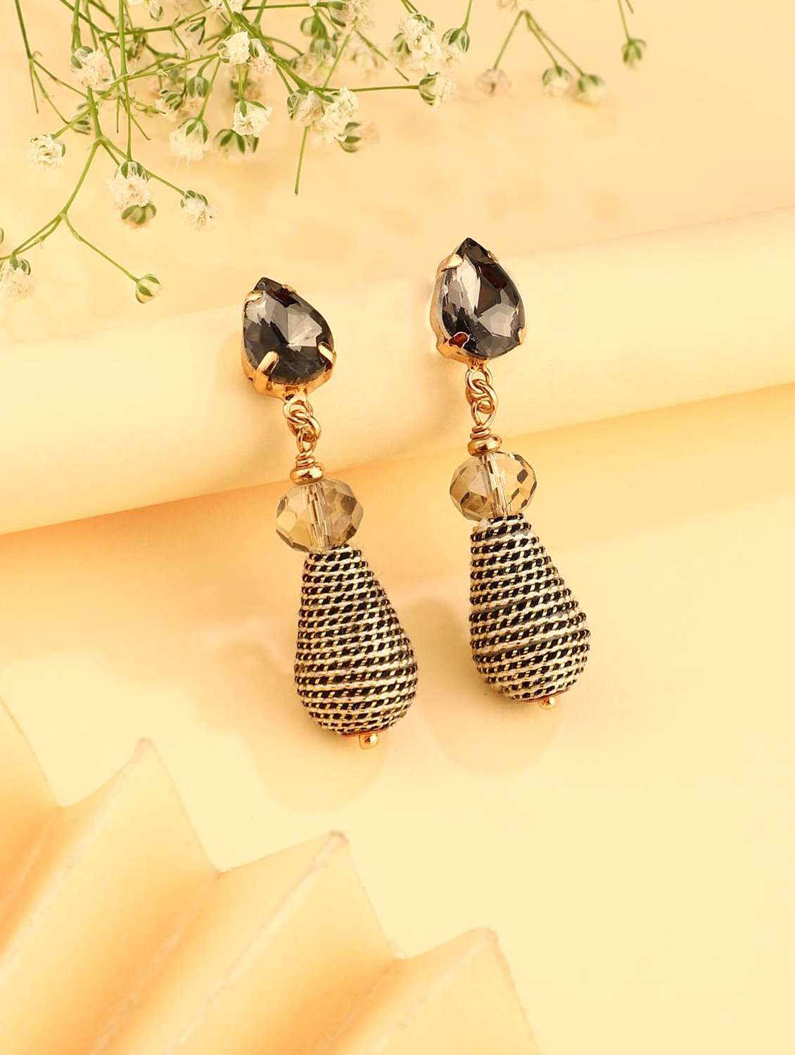 crystal stone & thread drop earring