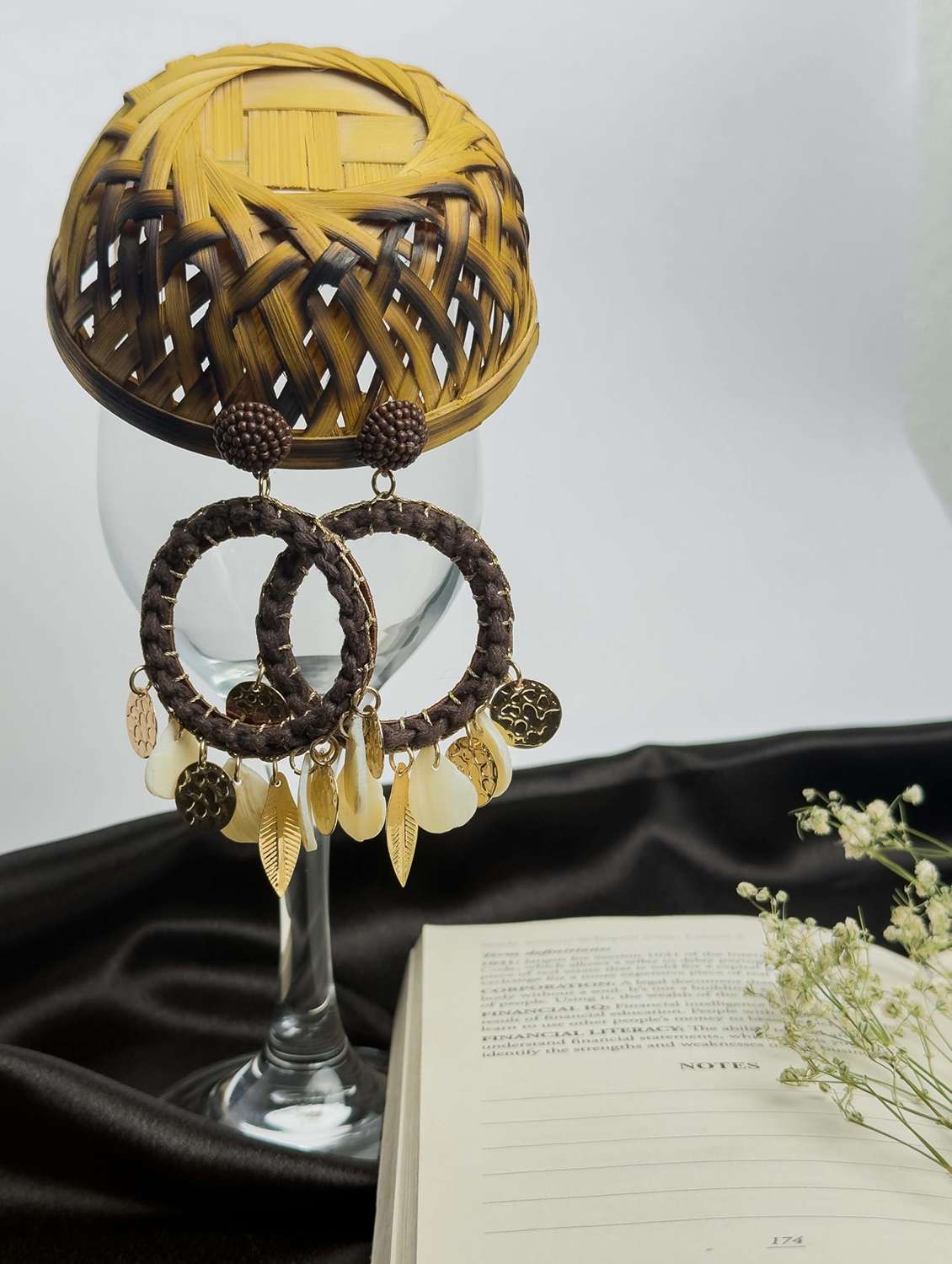 thread hoop earrings with shell beads & metal charm