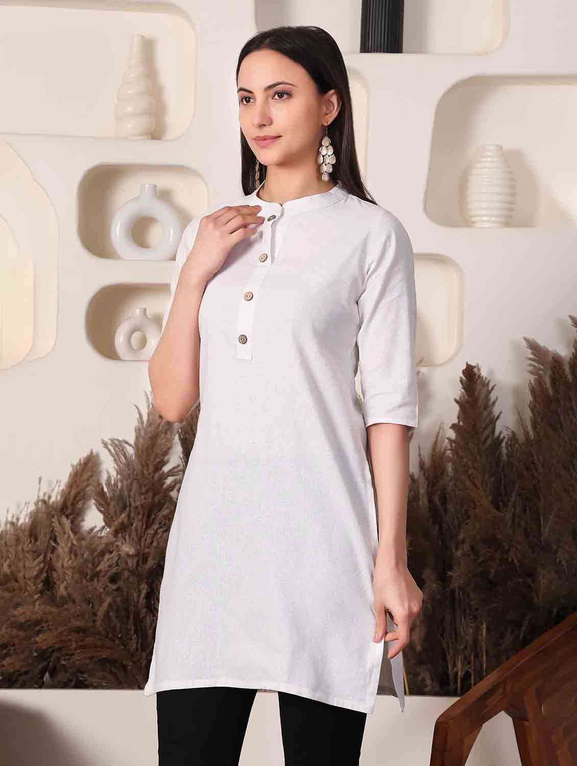Women Solid With Work Three Quarter Sleeve Straight Kurti - 22498122 -  Standard Image - 2