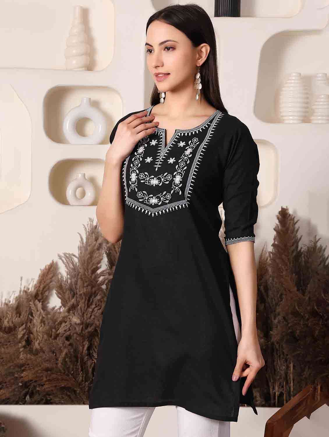 women embroidered three quarter sleeve straight kurti - 22498124 -  Standard Image - 2