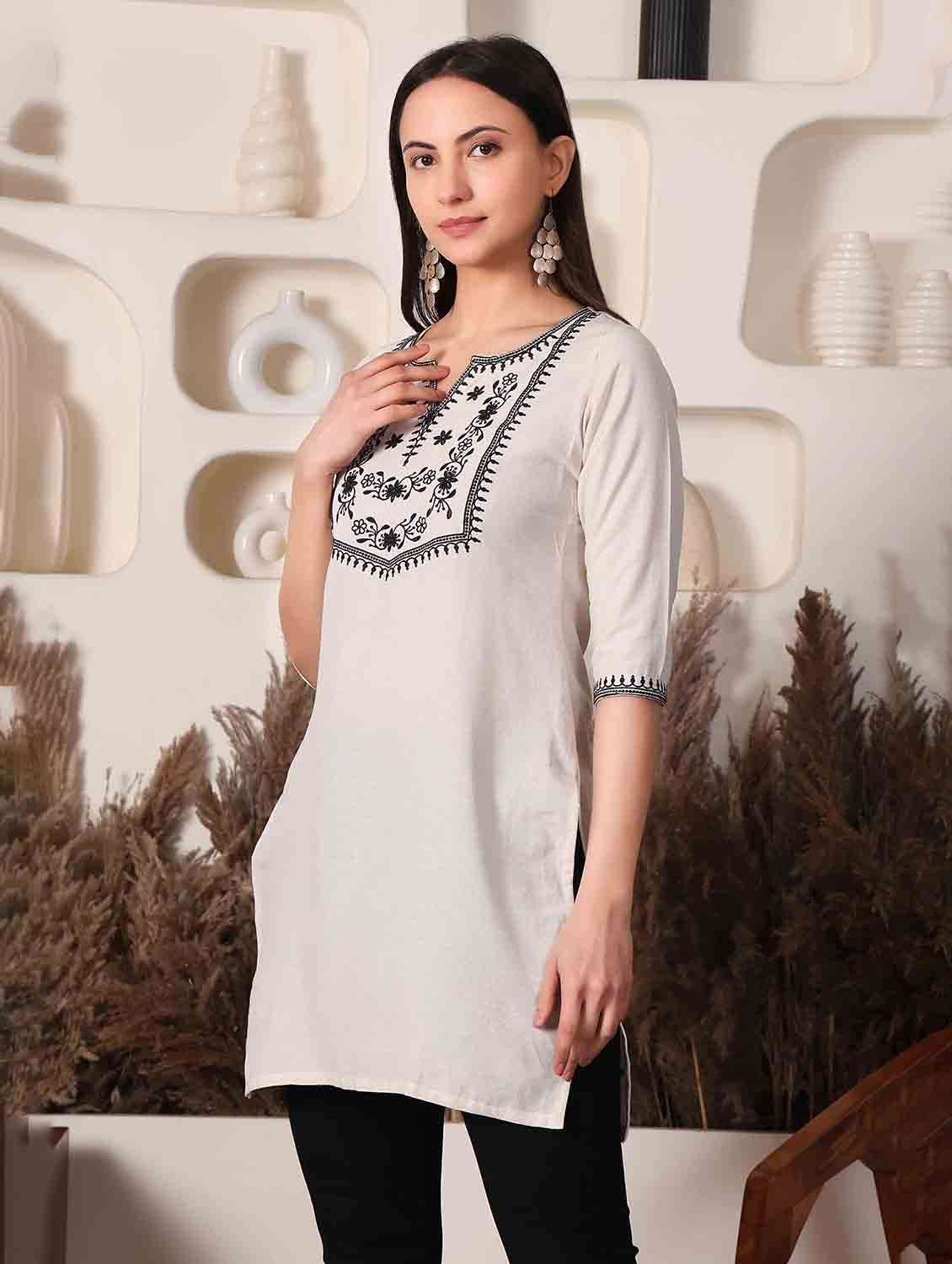 Women Embroidered Three Quarter Sleeve Straight Kurti - 22498125 -  Standard Image - 2