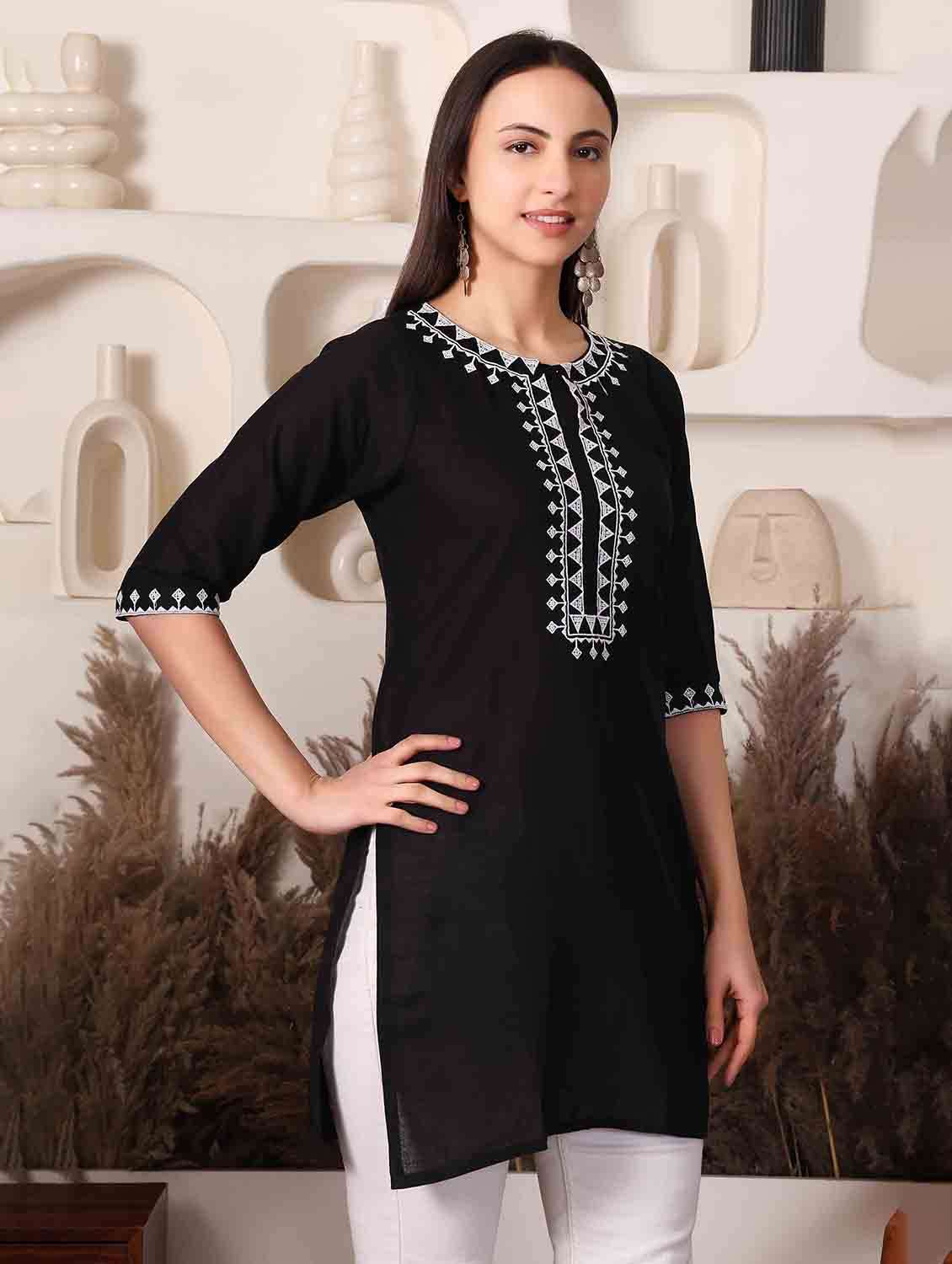 women embroidered three quarter sleeve straight kurti - 22498126 -  Standard Image - 2
