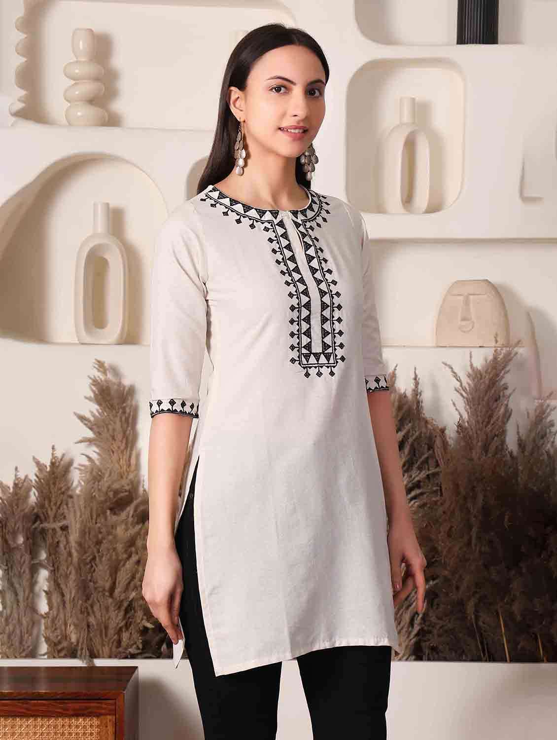 women embroidered three quarter sleeve straight kurti - 22498127 -  Standard Image - 2