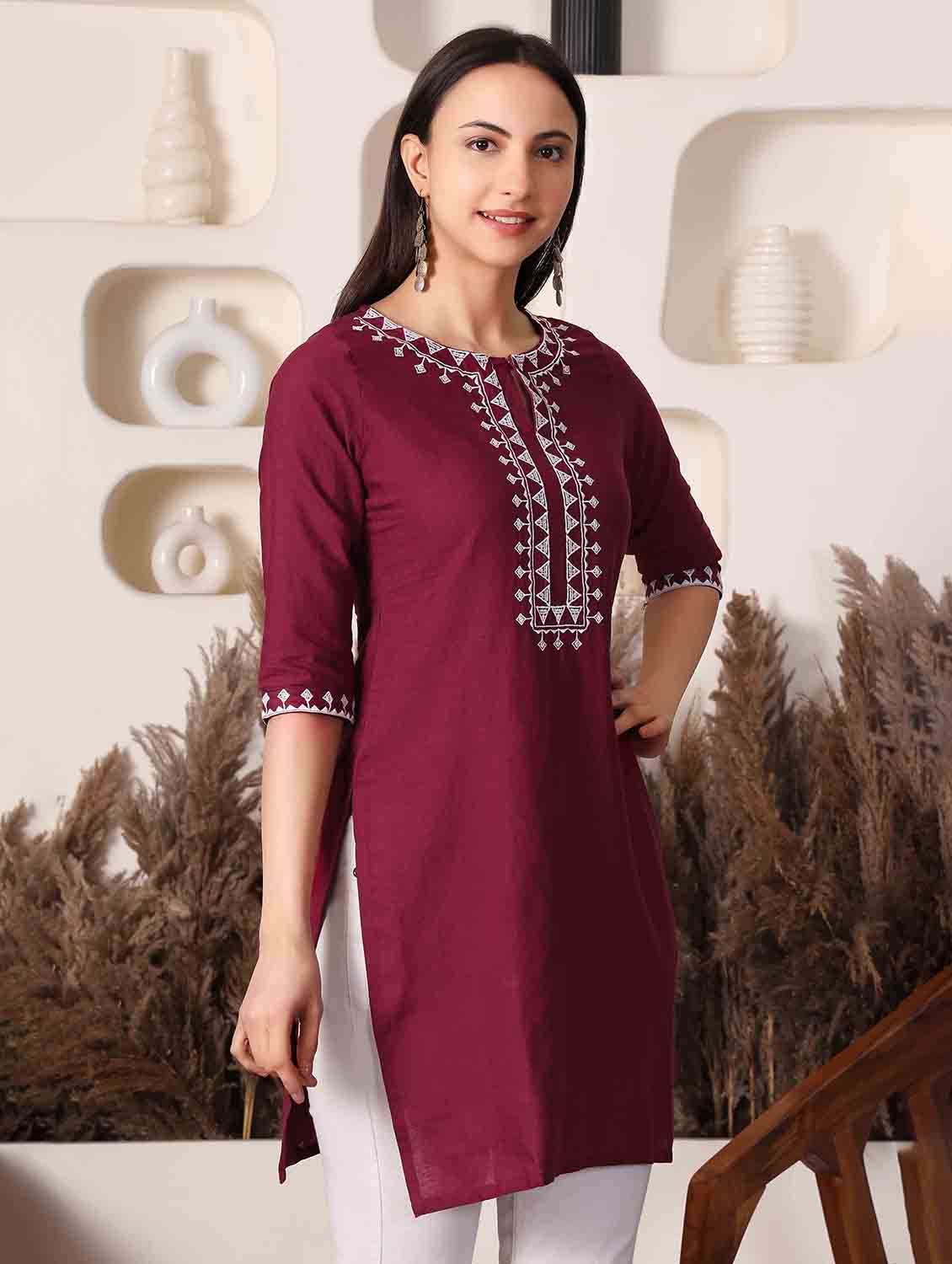 Women Embroidered Three Quarter Sleeve Straight Kurti - 22498128 -  Standard Image - 2