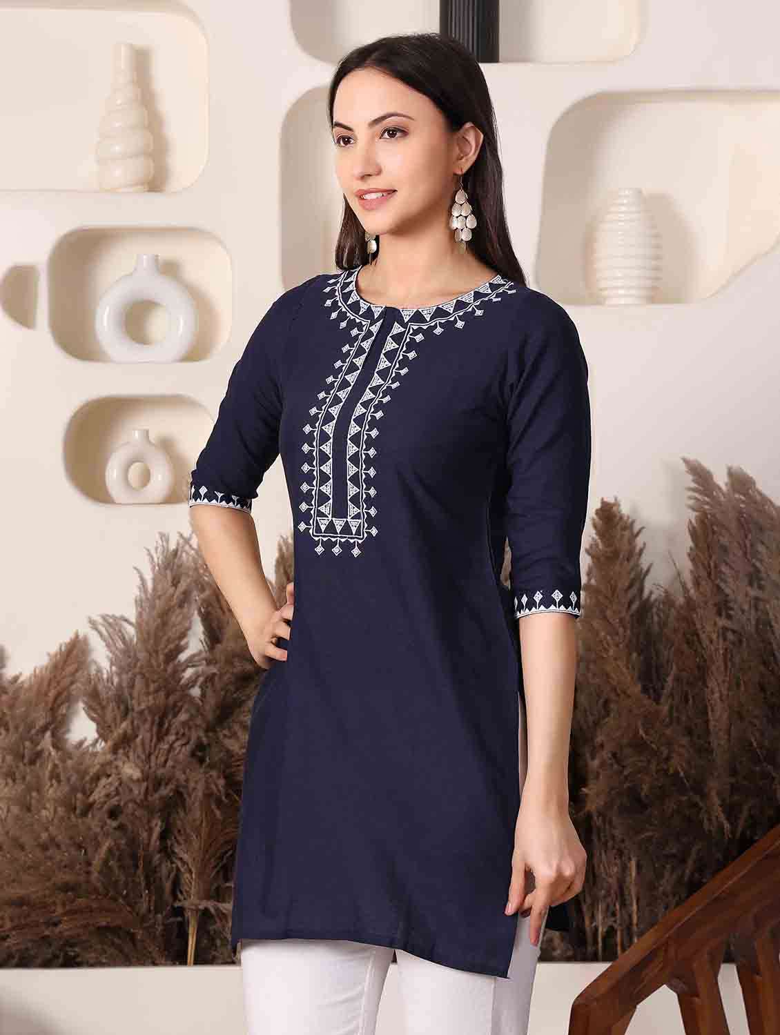 Women Embroidered Three Quarter Sleeve Straight Kurti - 22498129 -  Standard Image - 2