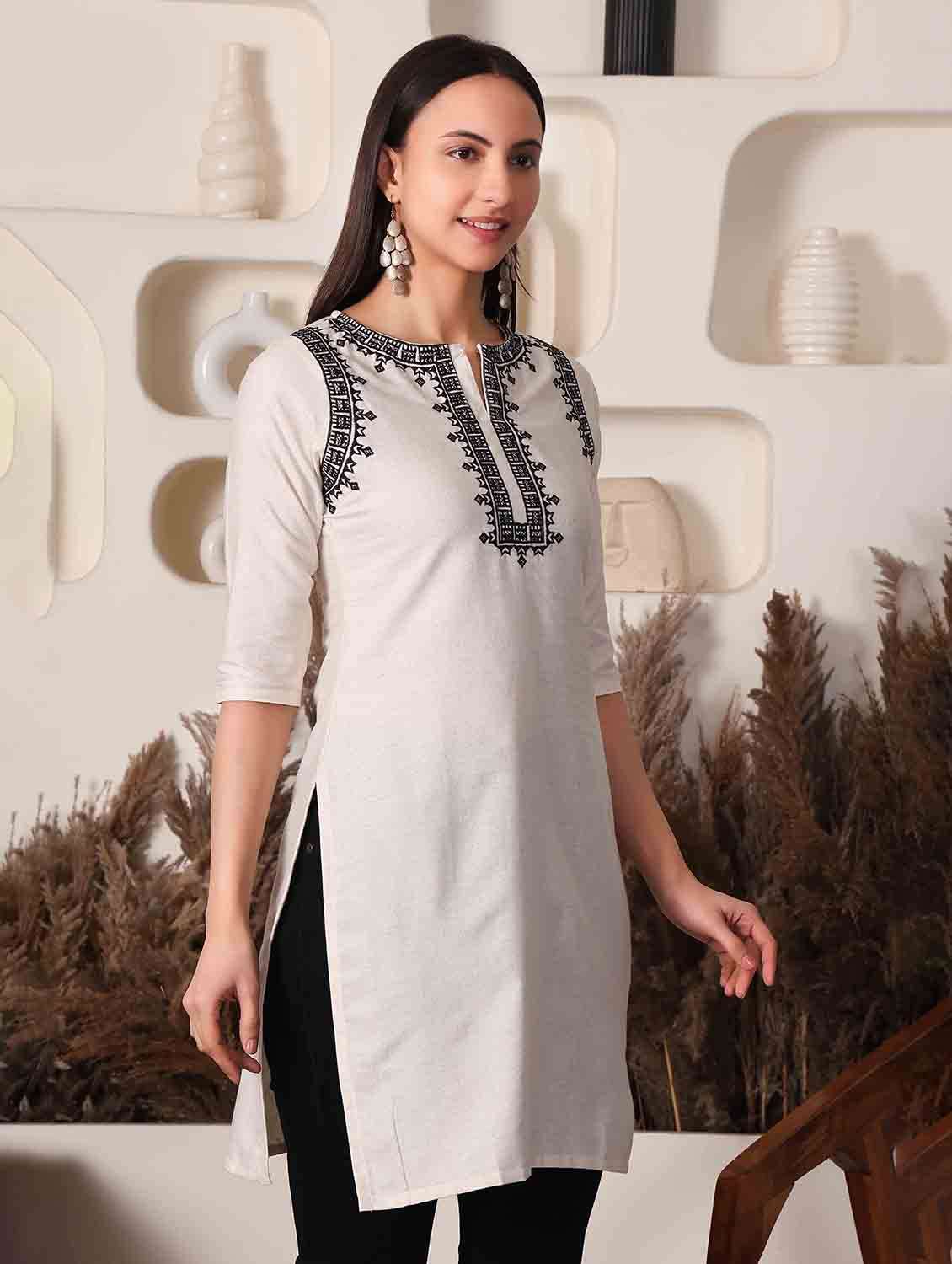 women embroidered three quarter sleeve straight kurti - 22498131 -  Standard Image - 2