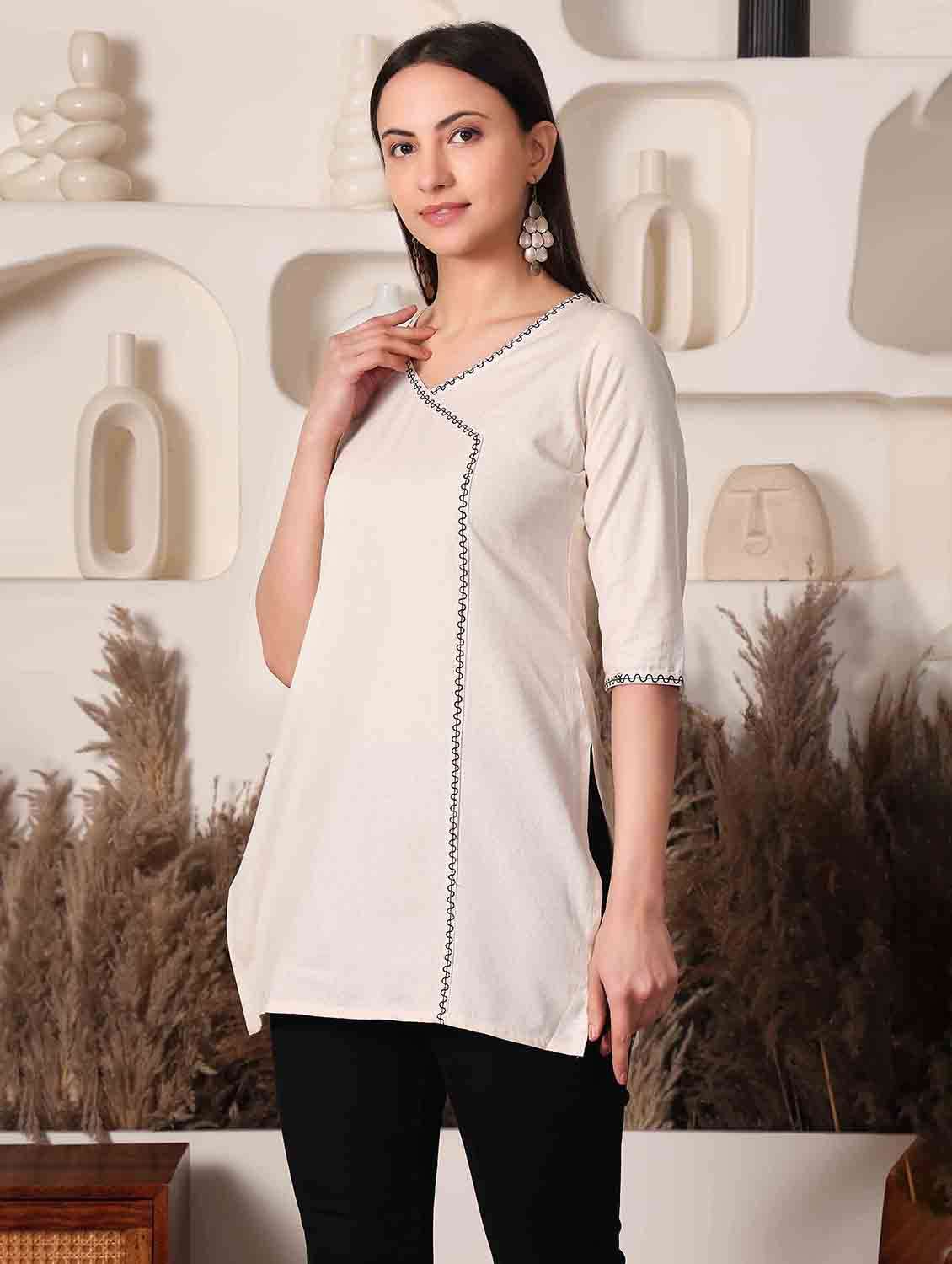 women solid three quarter sleeve angrakha kurti - 22498139 -  Standard Image - 2