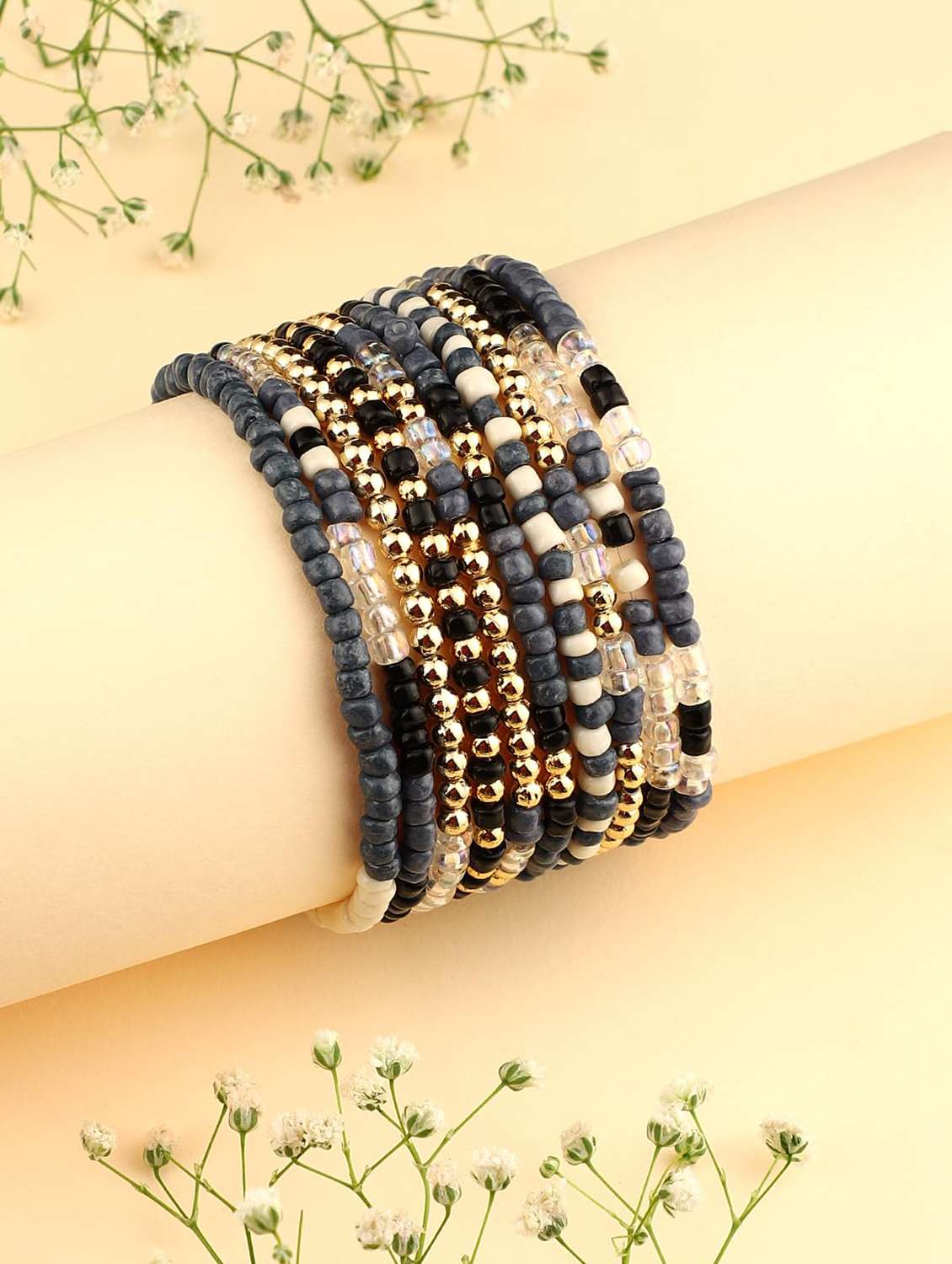 grey neutral beaded stretch bracelet