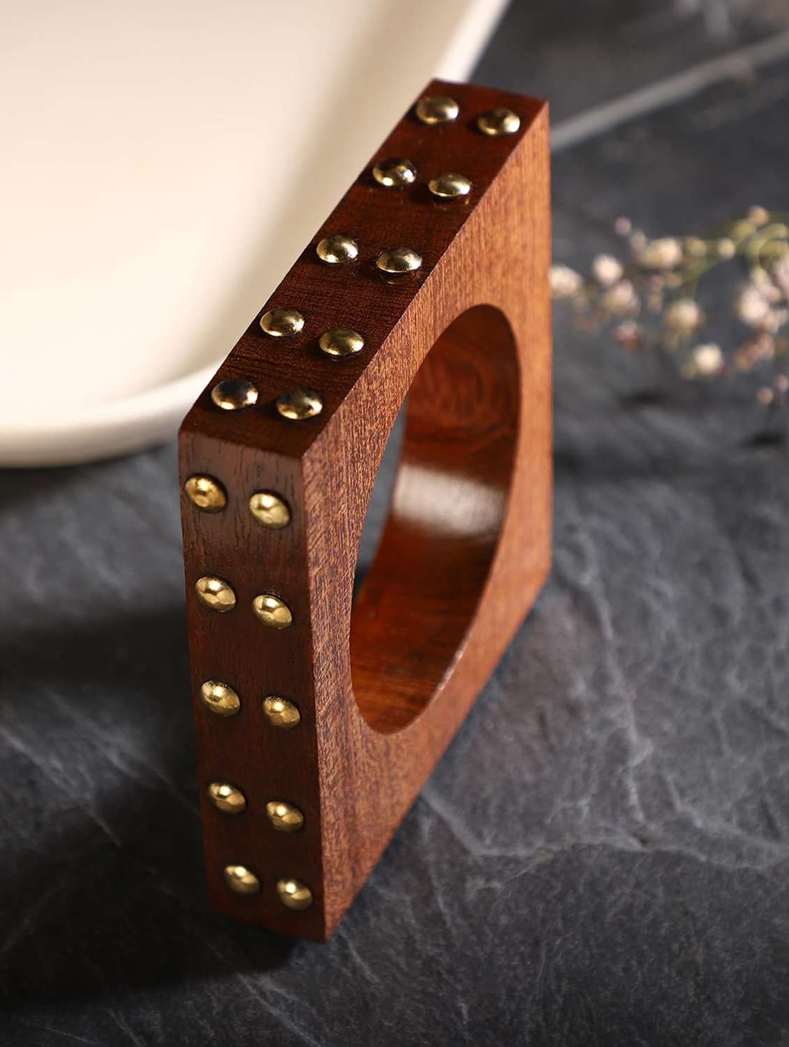 square shape brown wood bracelet with gold stud detailing