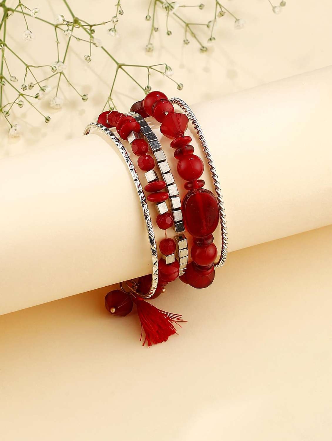  multilayer stretch bangles with metal accents and tassel set of 5