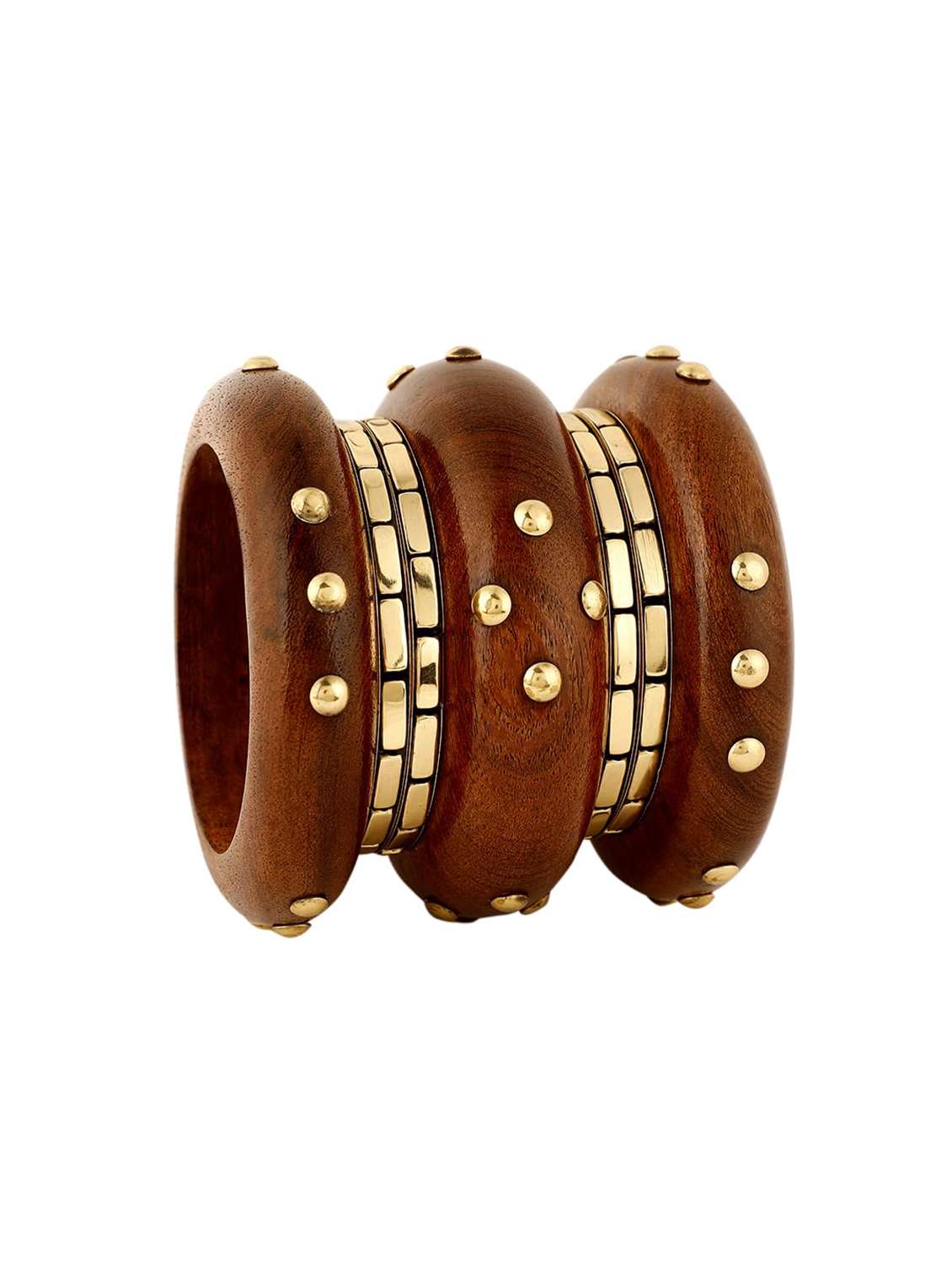 handcrafted brown wood bangles with metal detailing (set of 7) - 22498198 -  Standard Image - 2