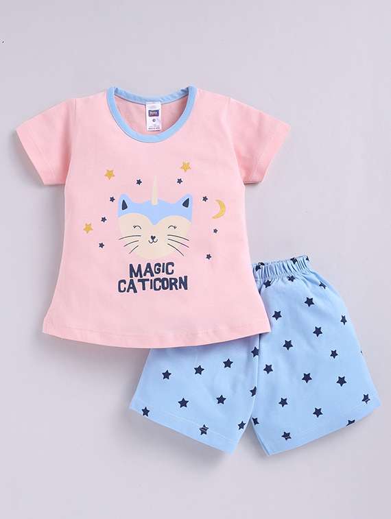 girls printed round neck top and shorts set