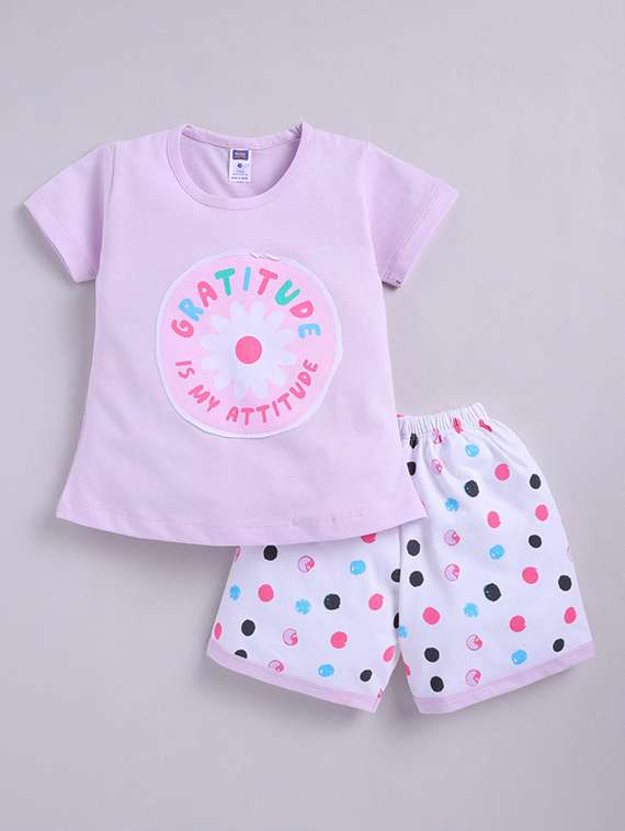 girls printed round neck top and shorts set