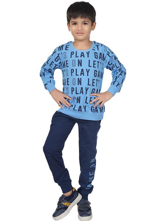 boys typographic printed round neck full length set